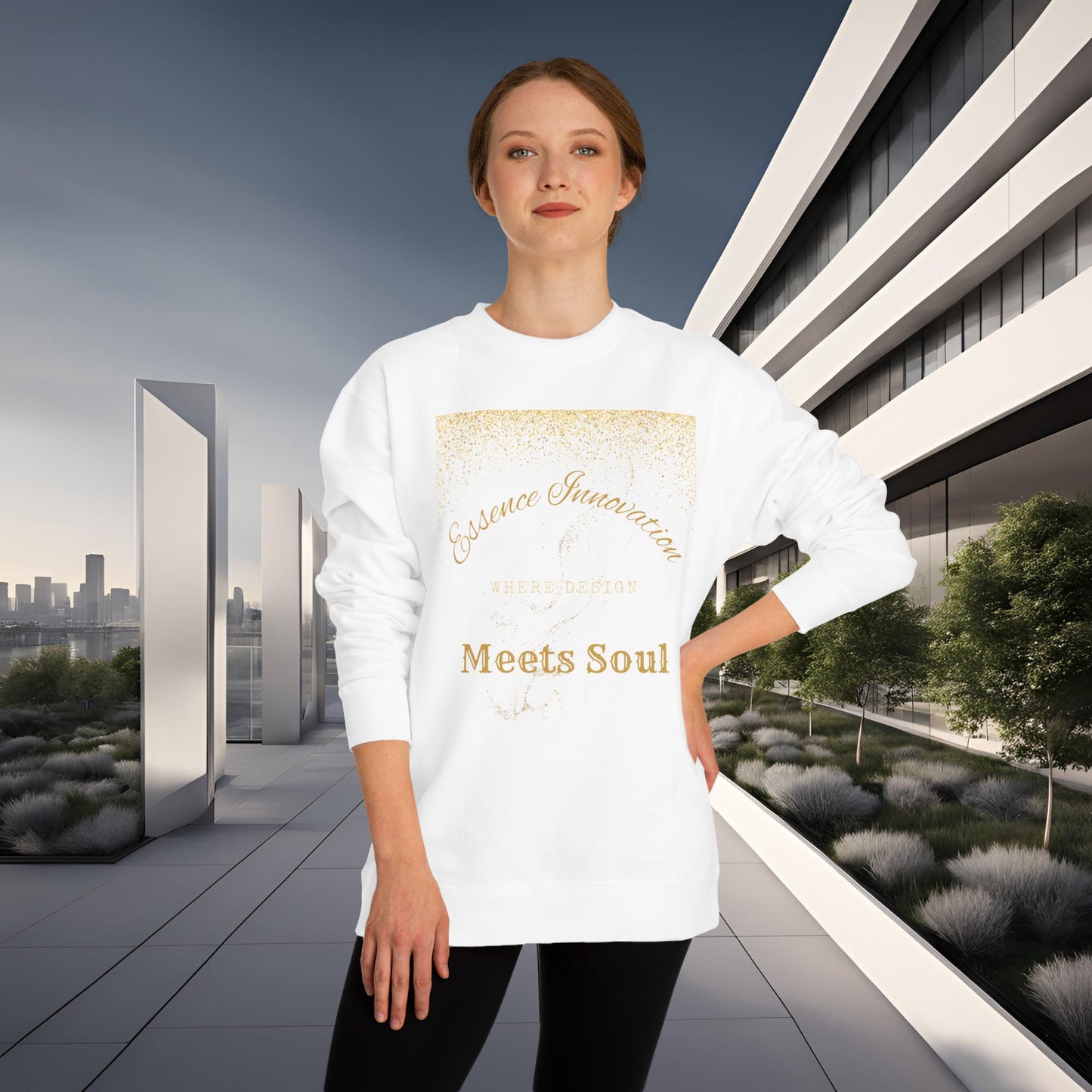 Woman wearing a white sweatshirt with gold Essence Innovation 'Design Meets Soul' text in an urban setting