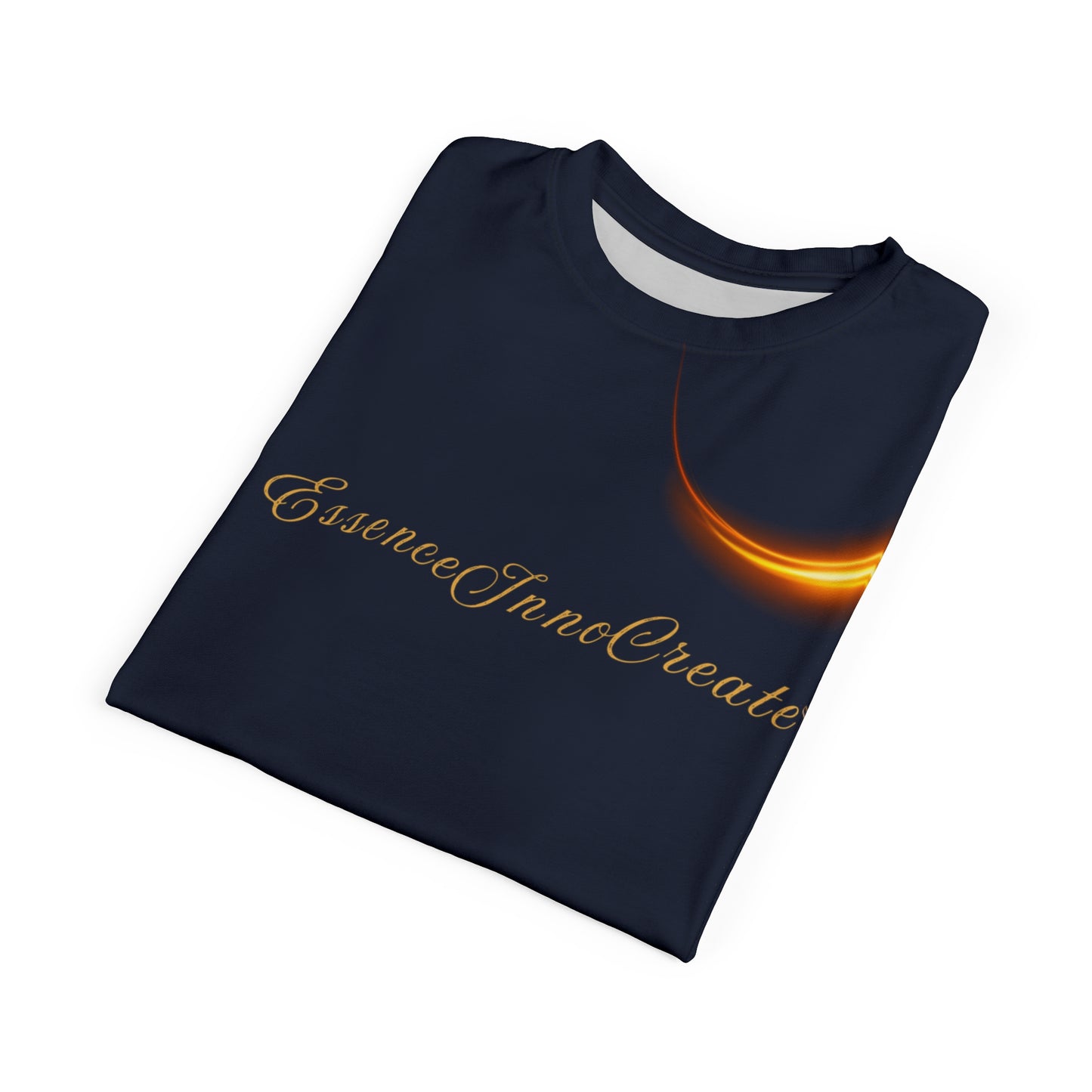 Folded navy blue t-shirt with 'Essence Inno Create' text and design on a white background