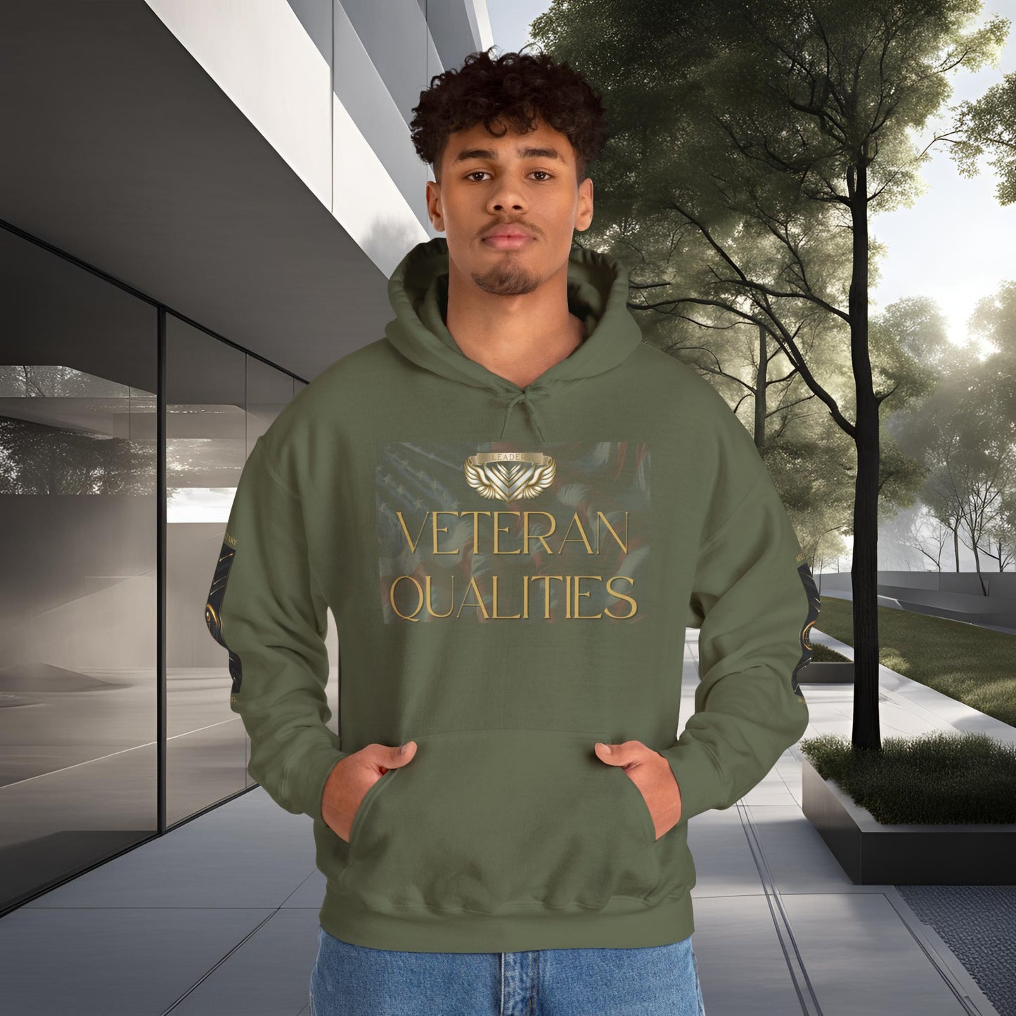 Person wearing a green Essence Innovation hoodie with 'Veteran Qualities' text in an outdoor setting