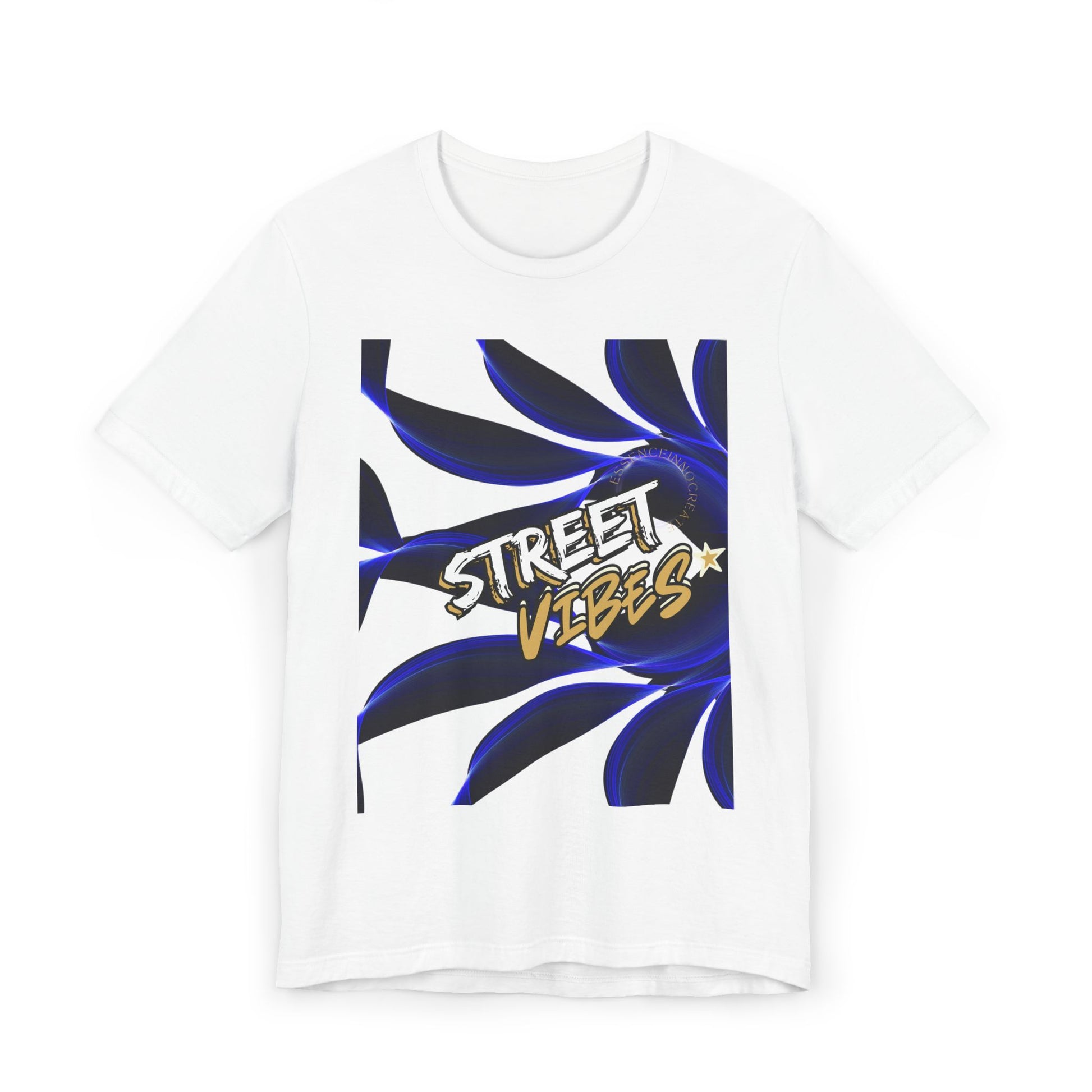 White EssenceInnoCreate t-shirt with 'Street Vibes' graphic design on a white background