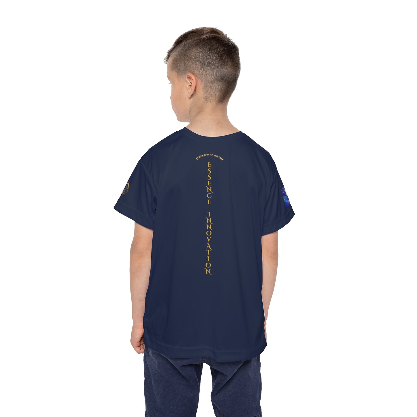 Child wearing a navy blue t-shirt with text on the back against a white background
