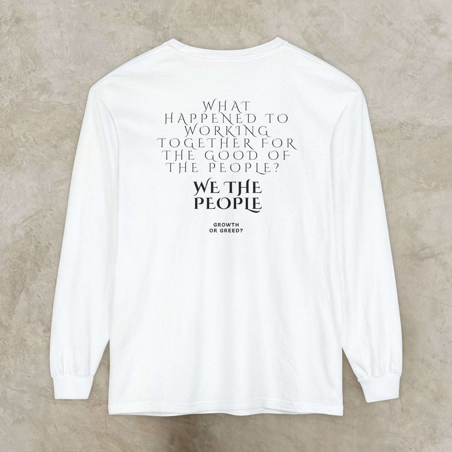 White long-sleeve EssenceInnoCreate Quiet Resolve shirt with text on a beige background