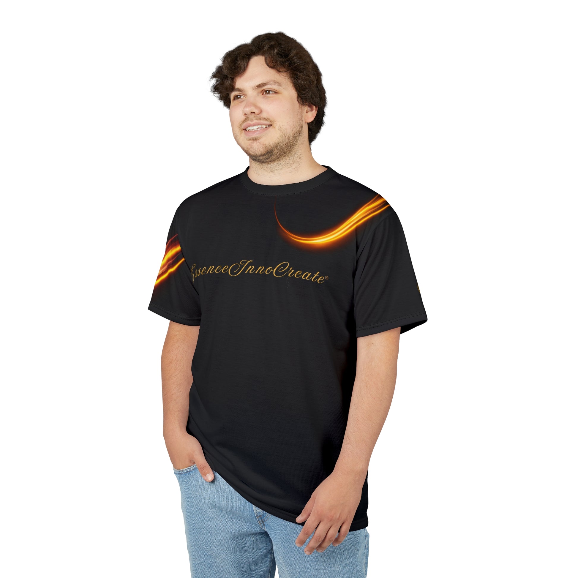 Person wearing a black t-shirt with an 'EssenceInnoCreate' logo and text on a white background