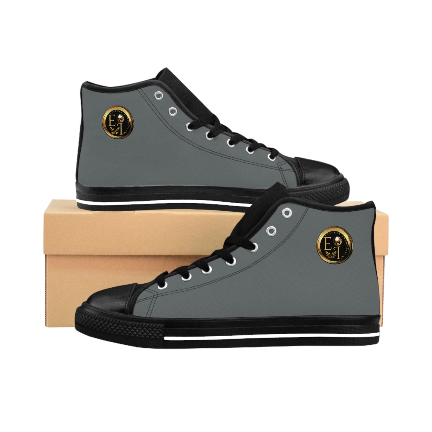 Gray high-top sneakers with black soles and gold 'Essence Innovation' logo on a white background