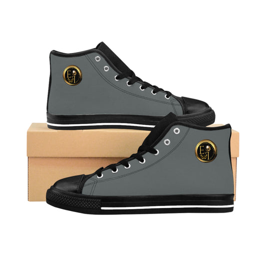 Gray high-top sneakers with black soles and gold 'Essence Innovation' logo on a white background