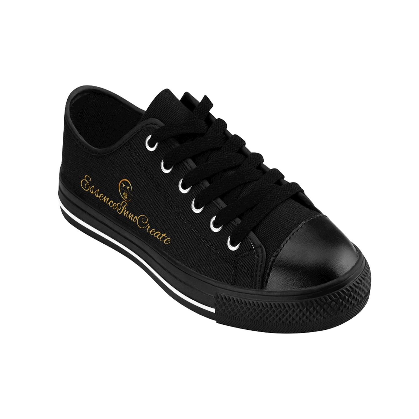 Black 'EssenceInnoCreate' sneaker with a brand logo on a white background