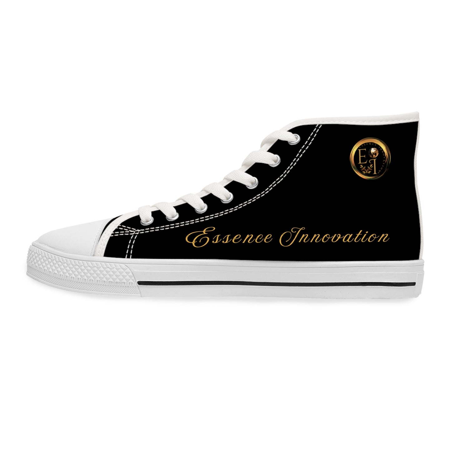 Black high-top sneaker with 'Essence Innovation' text and logo on a white background