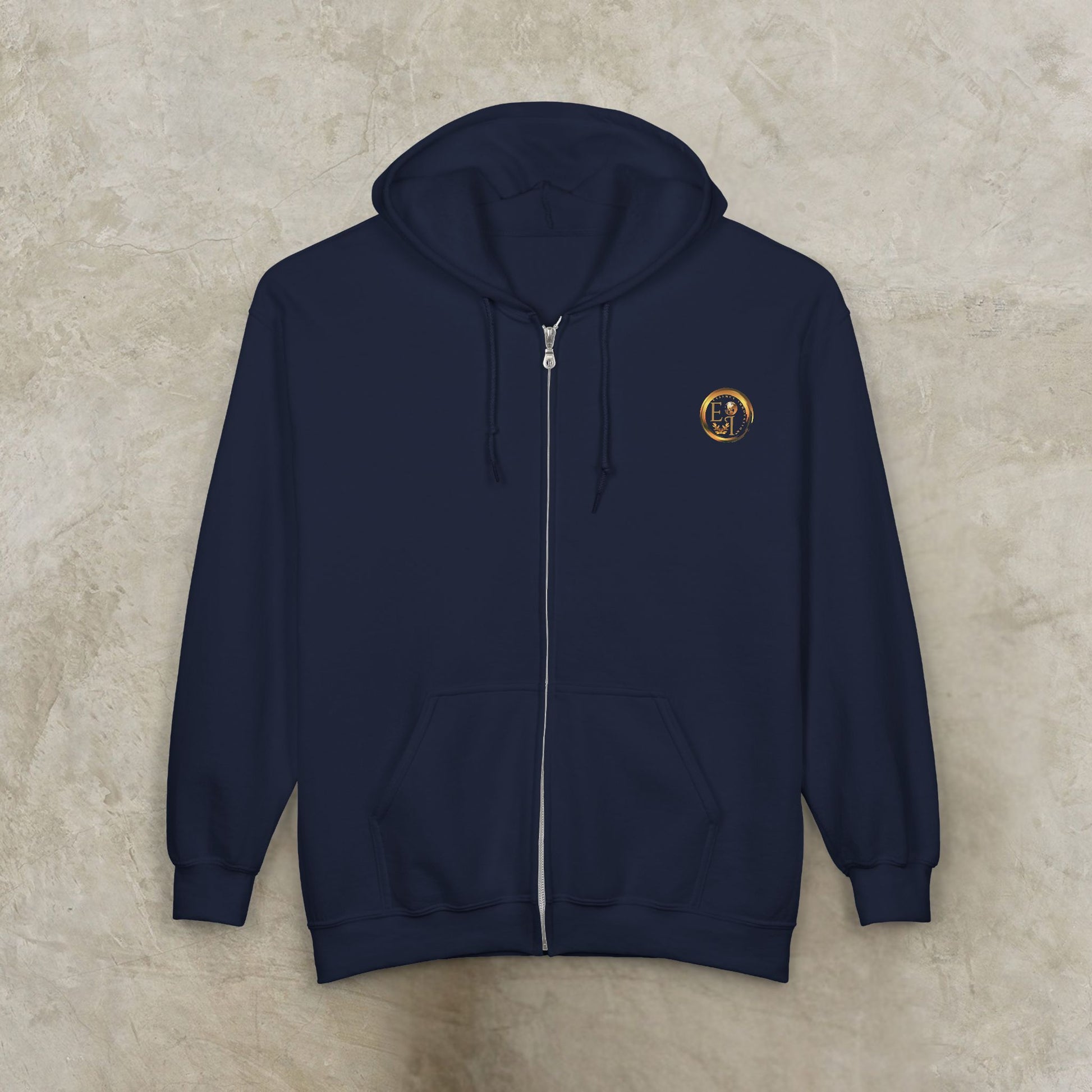 Navy Essence Innovation 'One Life' hoodie with a gold logo on a beige background