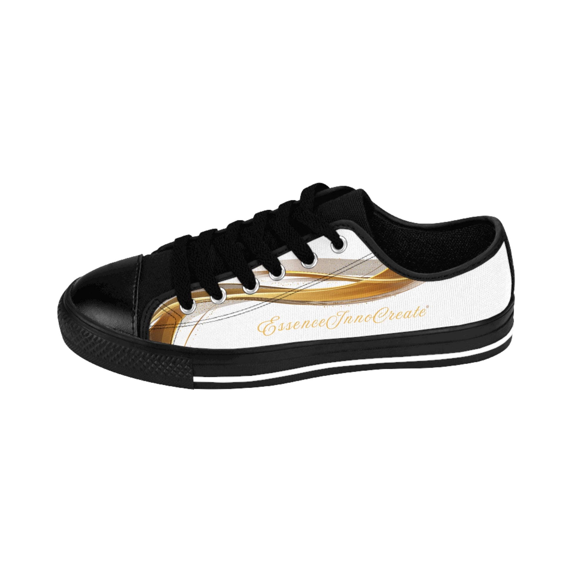 Black and white 'EssenceInnoCreate' sneaker with gold design on a white background