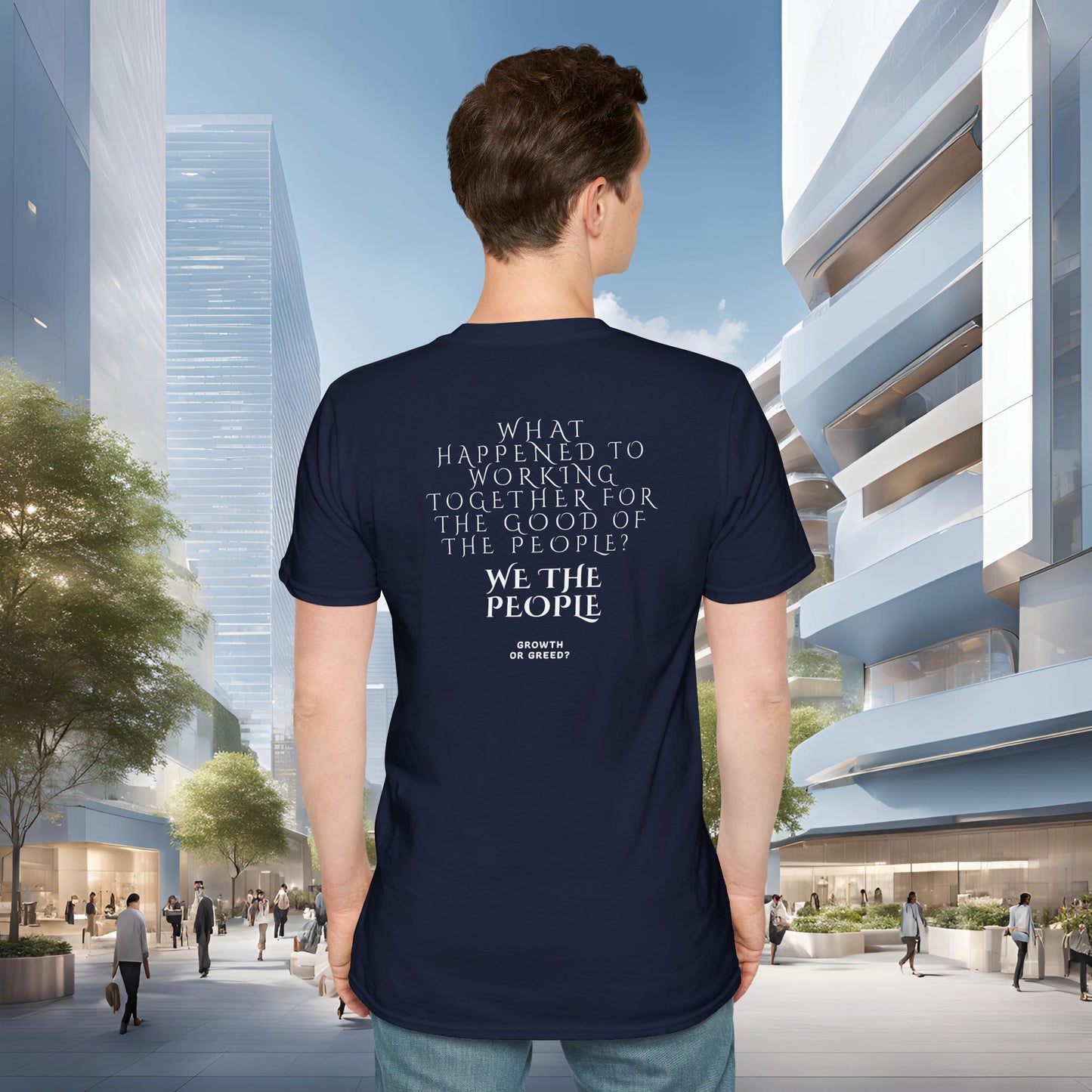 Person wearing a navy blue EssenceInnoCreate Quiet Resolve t-shirt with text in an urban setting