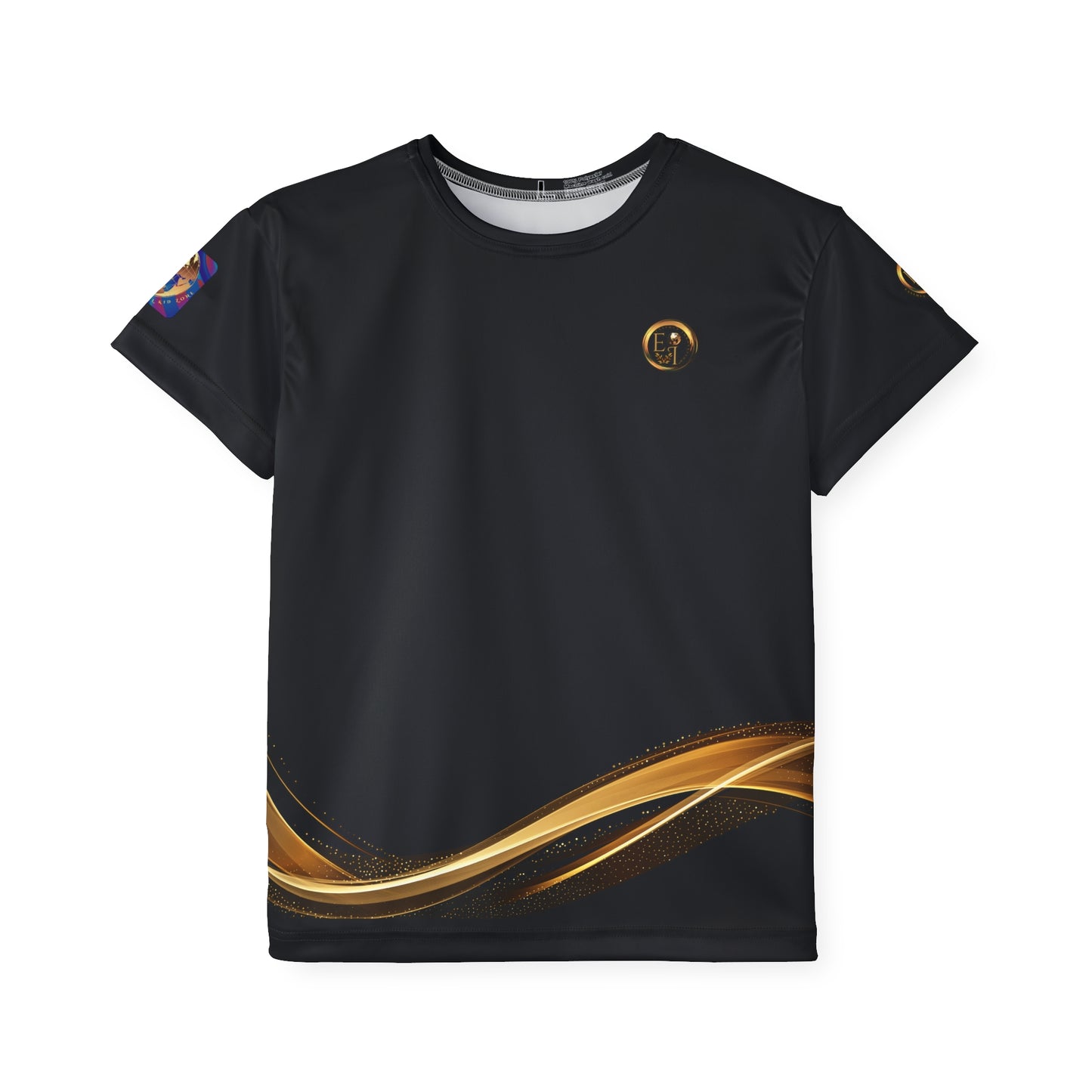 Black Essence Innovation t-shirt with gold design and logo on a white background