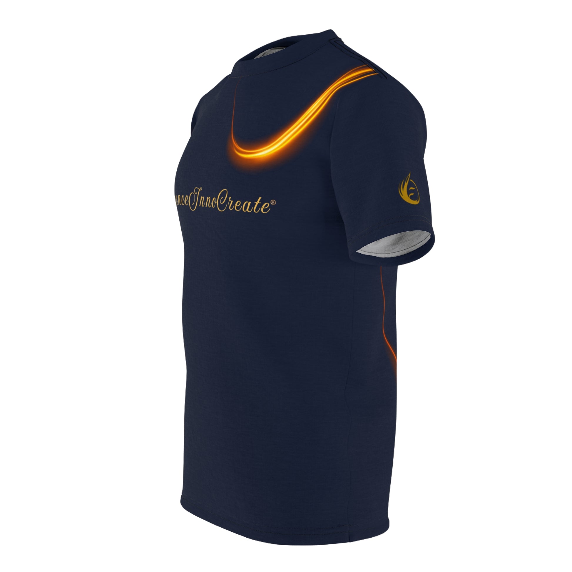 Navy blue short sleeve shirt with orange accents on a white background