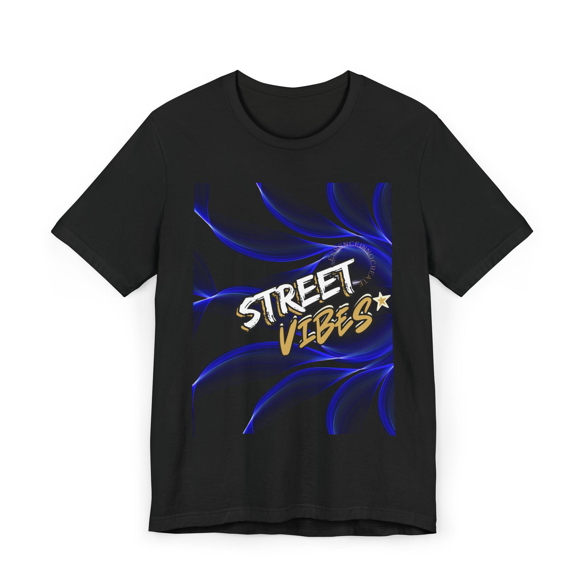 Black EssenceInnoCreate t-shirt with 'Street Vibes' design on a white background