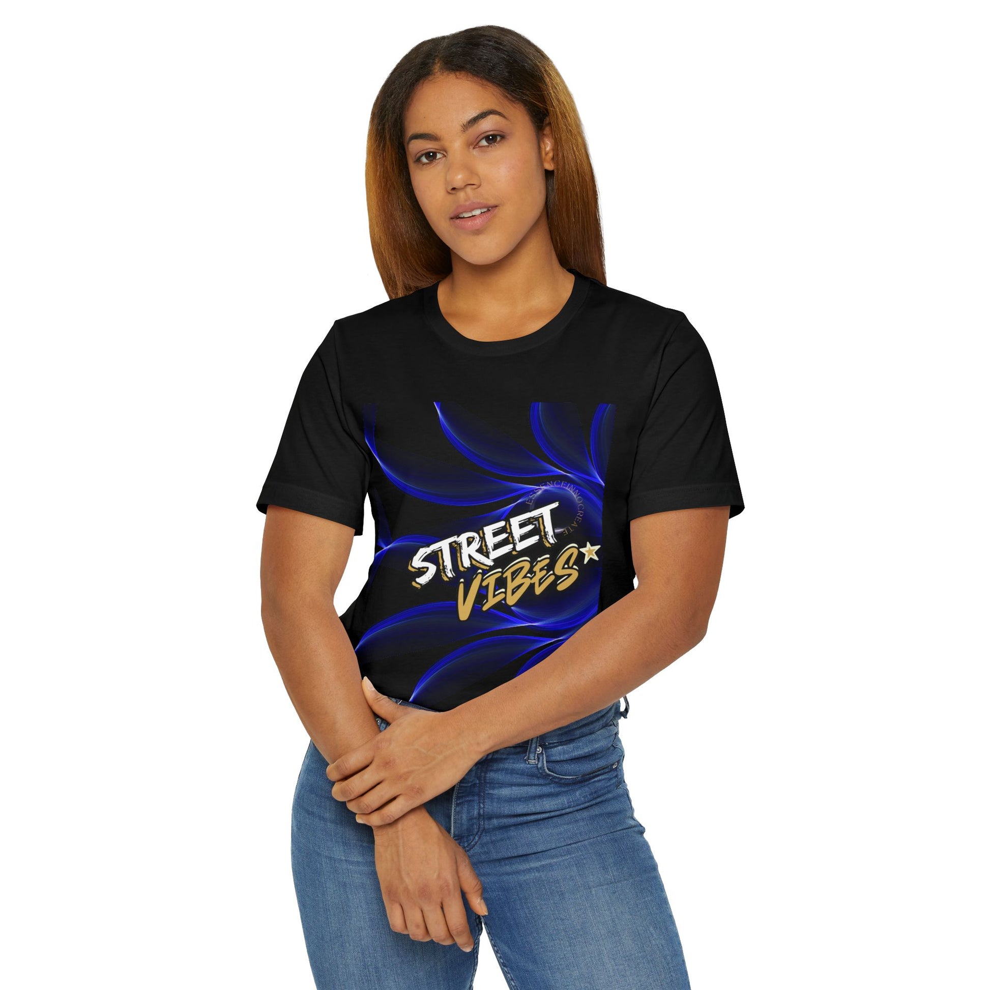 Person wearing a black EssenceInnoCreate t-shirt with 'Street Vibes' design on a white background