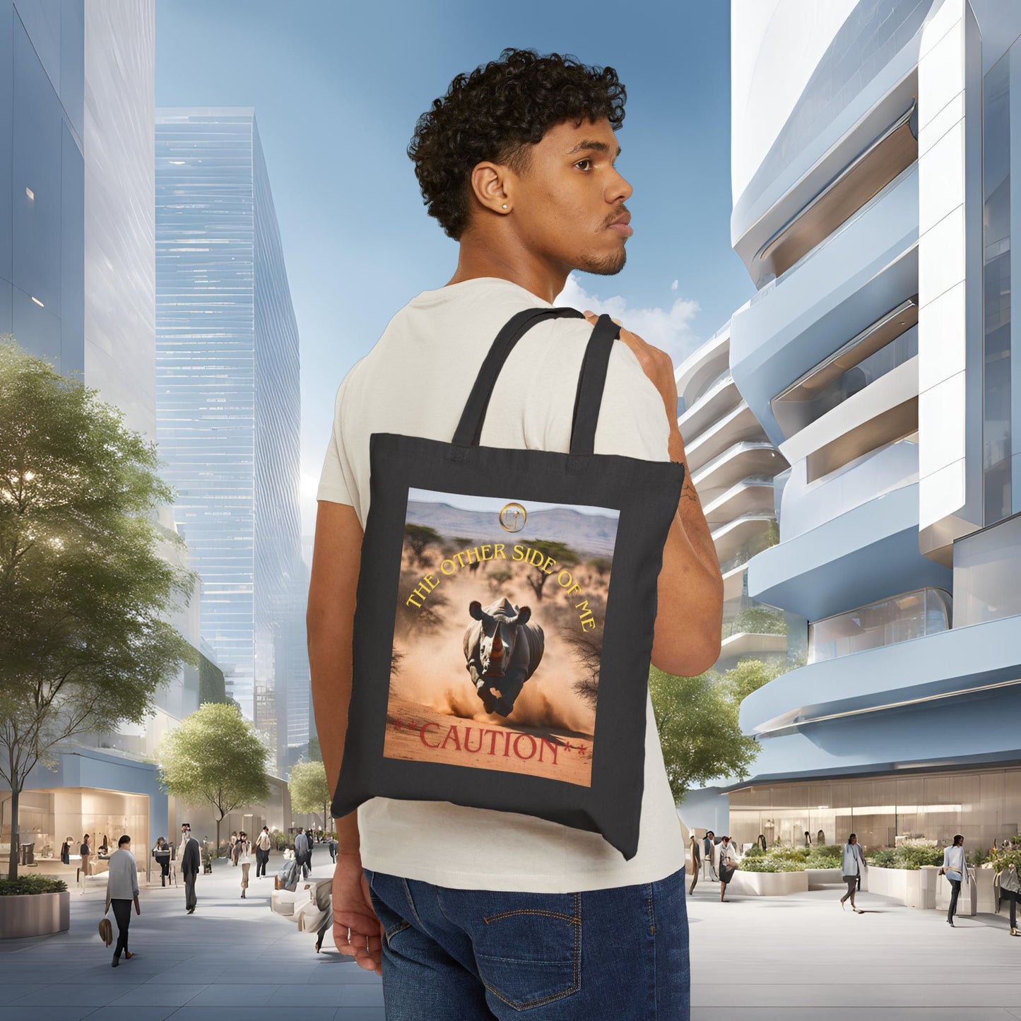 Caution Rhino Cotton Canvas Tote Bag, Eco-Friendly Shopping Bag, Animal Lovers Gift, Beach Tote, Adventure Carryall