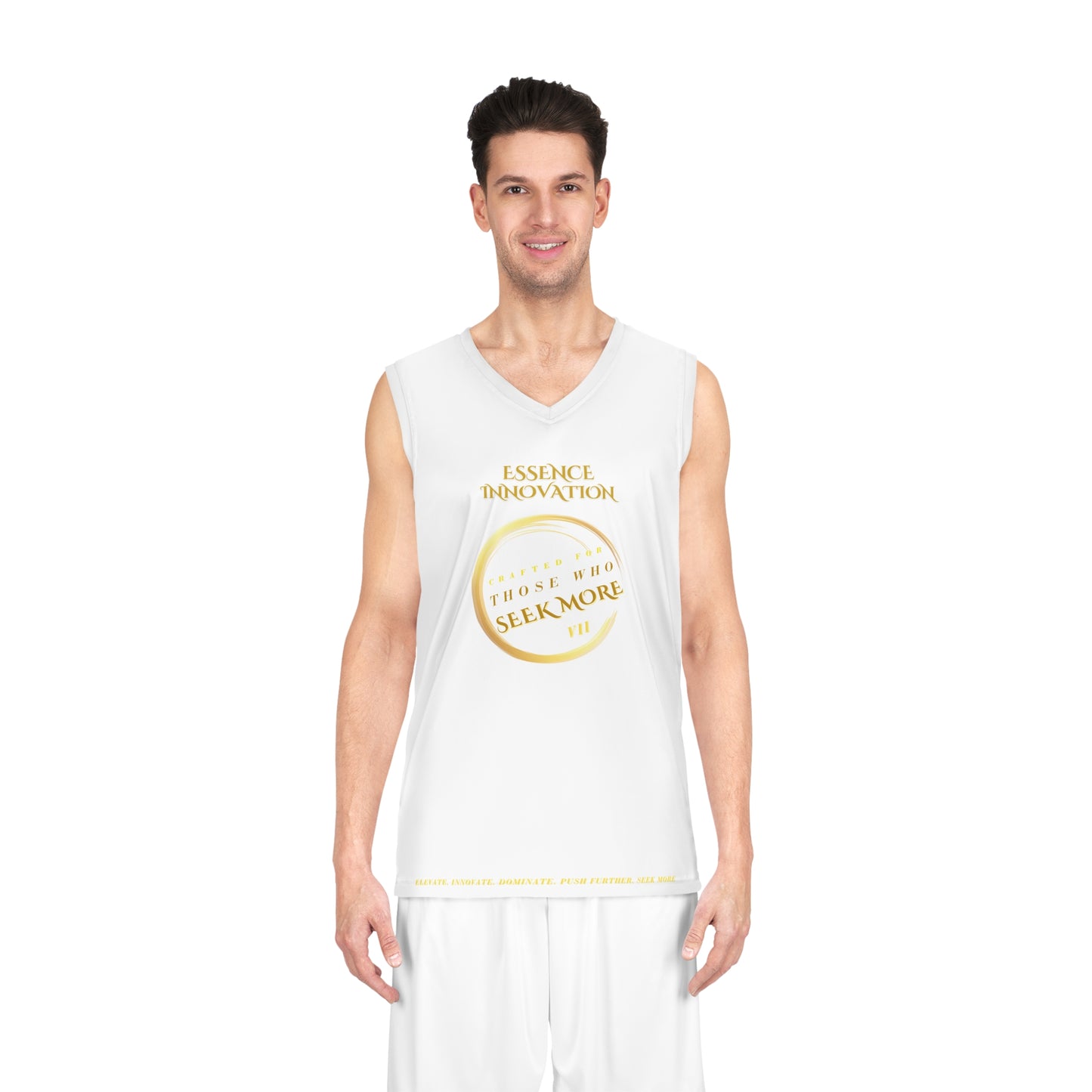 Person wearing a white sleeveless shirt with gold Essence Innovation Seek More text on a white background