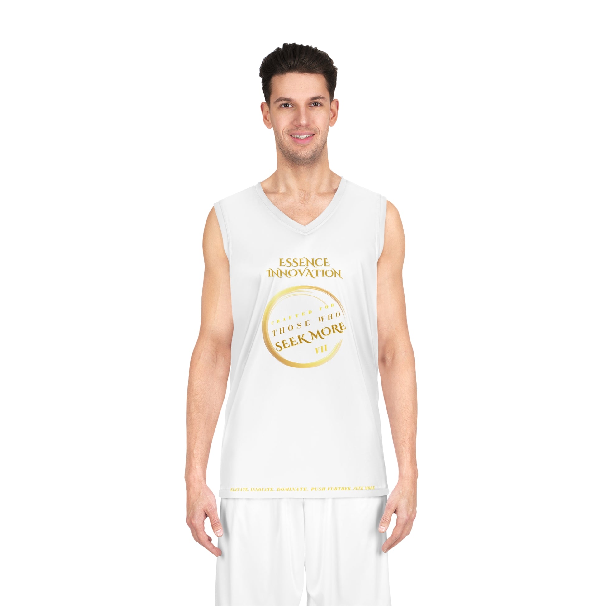 Person wearing a white sleeveless shirt with gold Essence Innovation Seek More text on a white background