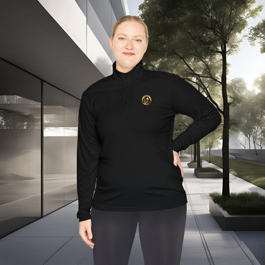 Person wearing a black long-sleeve shirt with an Essence Innovation logo in an urban setting