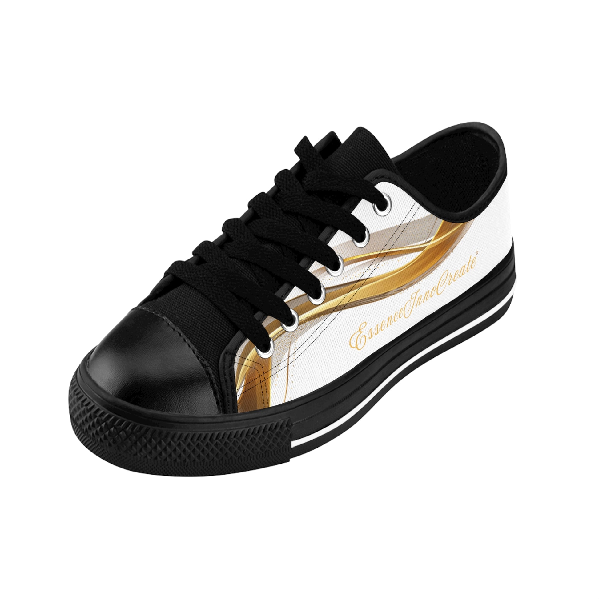 Black and gold 'EssenceInnoCreate' sneaker with a brand name on a white background