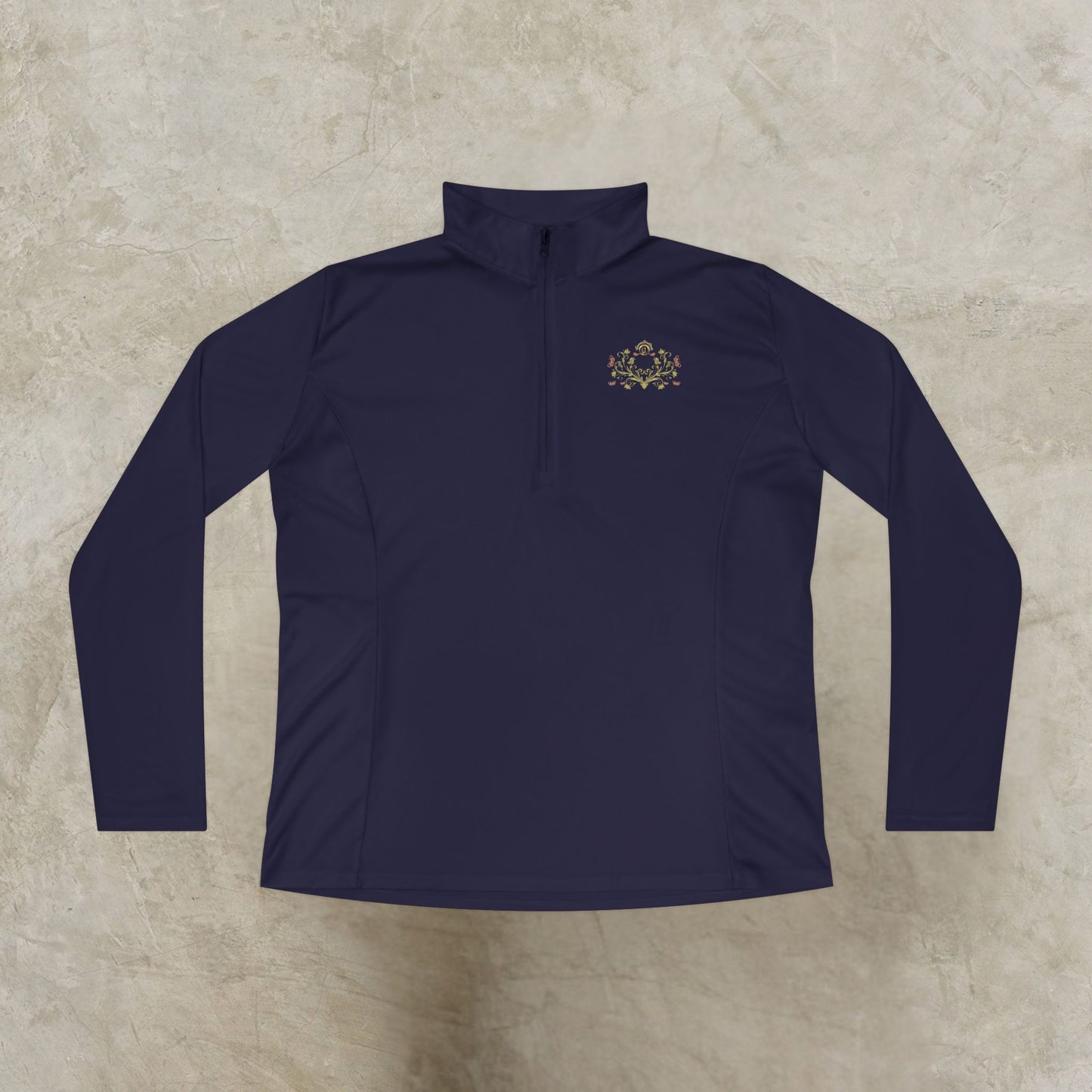 Navy long-sleeve shirt with an Essence Innovation Bohemian Butterfly logo on a beige background