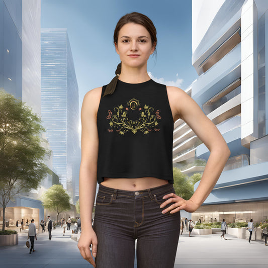 Woman wearing a black sleeveless Essence Innovation Bohemian Butterfly top with embroidery in an urban setting