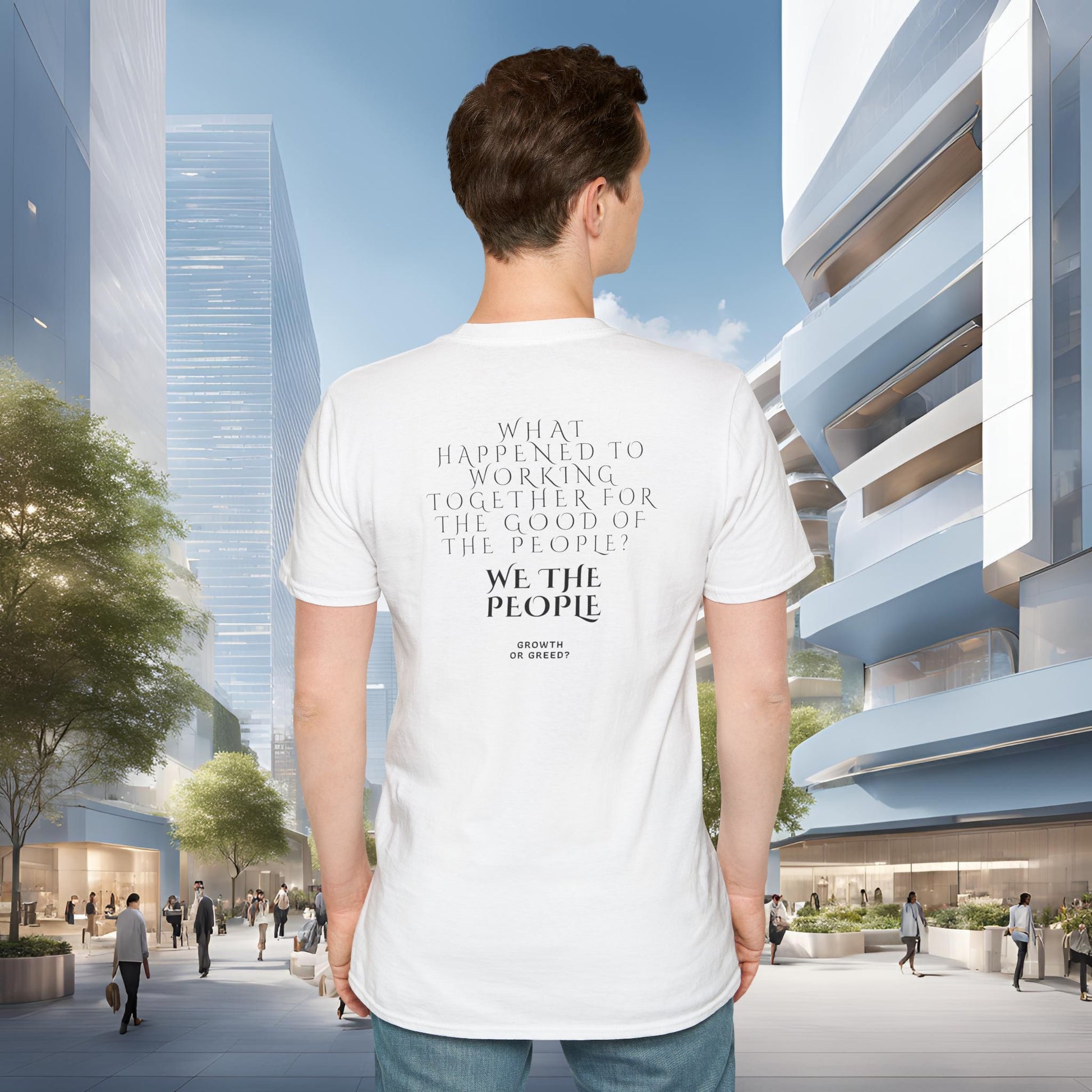 Person wearing a white EssenceInnoCreate Quiet Resolve t-shirt with text in an urban setting