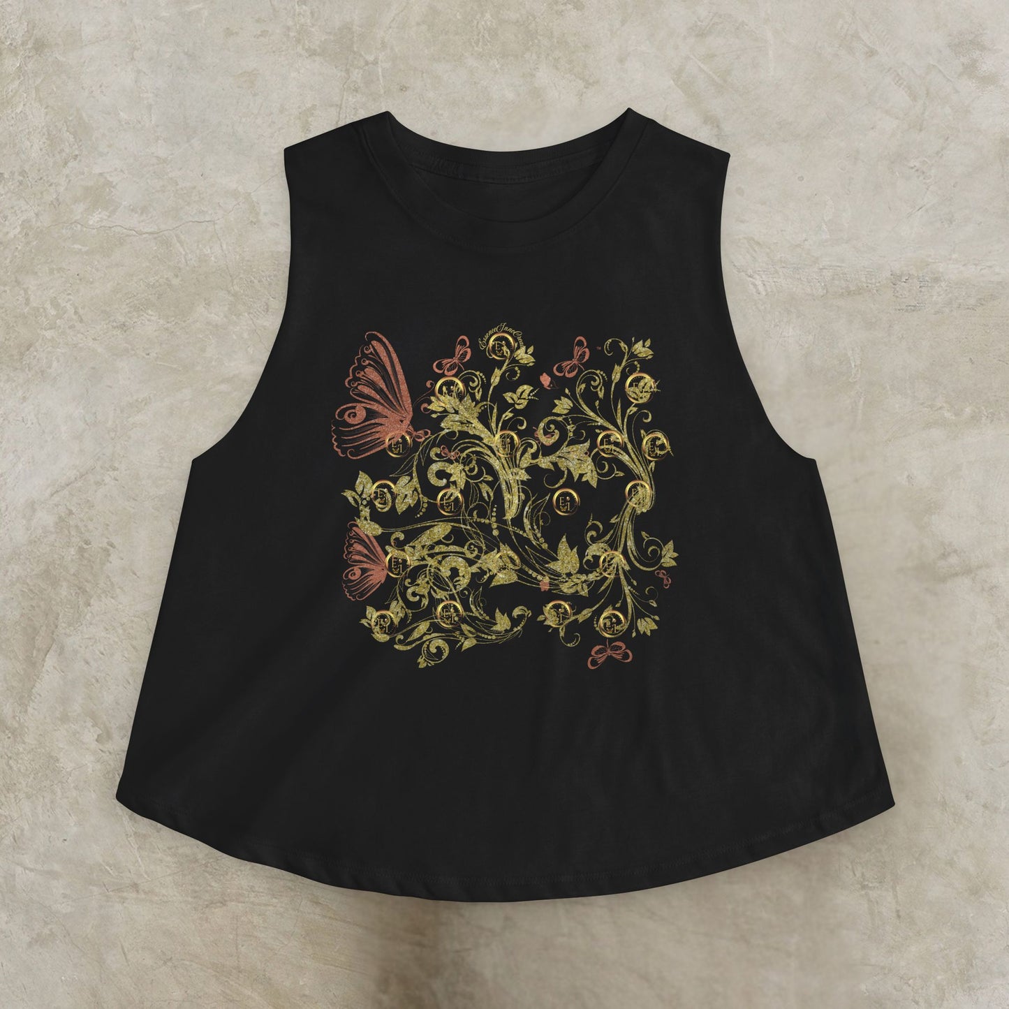 Black sleeveless top with Essence Innovation Bohemian Butterfly design on a beige background