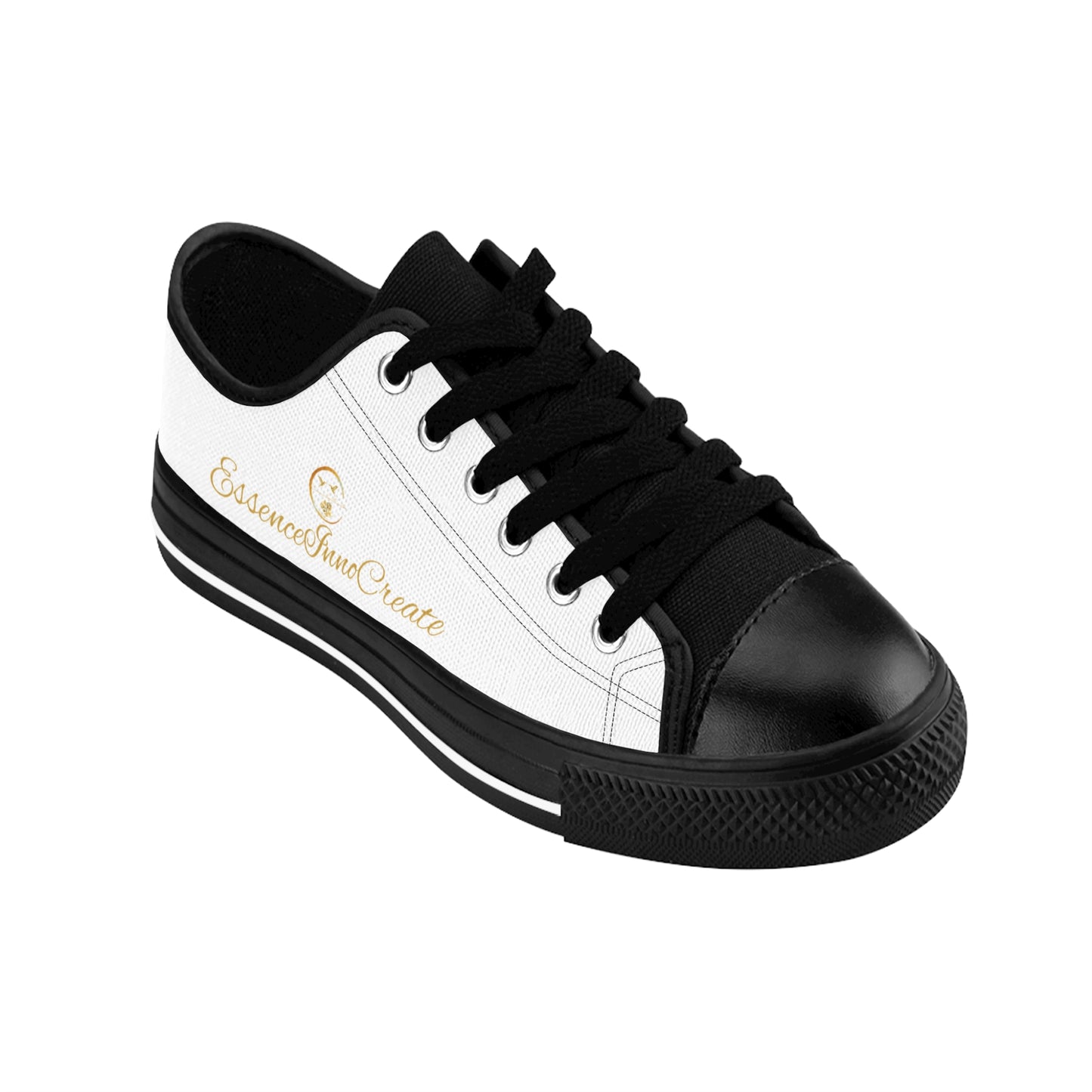 Black and white sneaker with 'EssenceInnoCreate' text on a white background