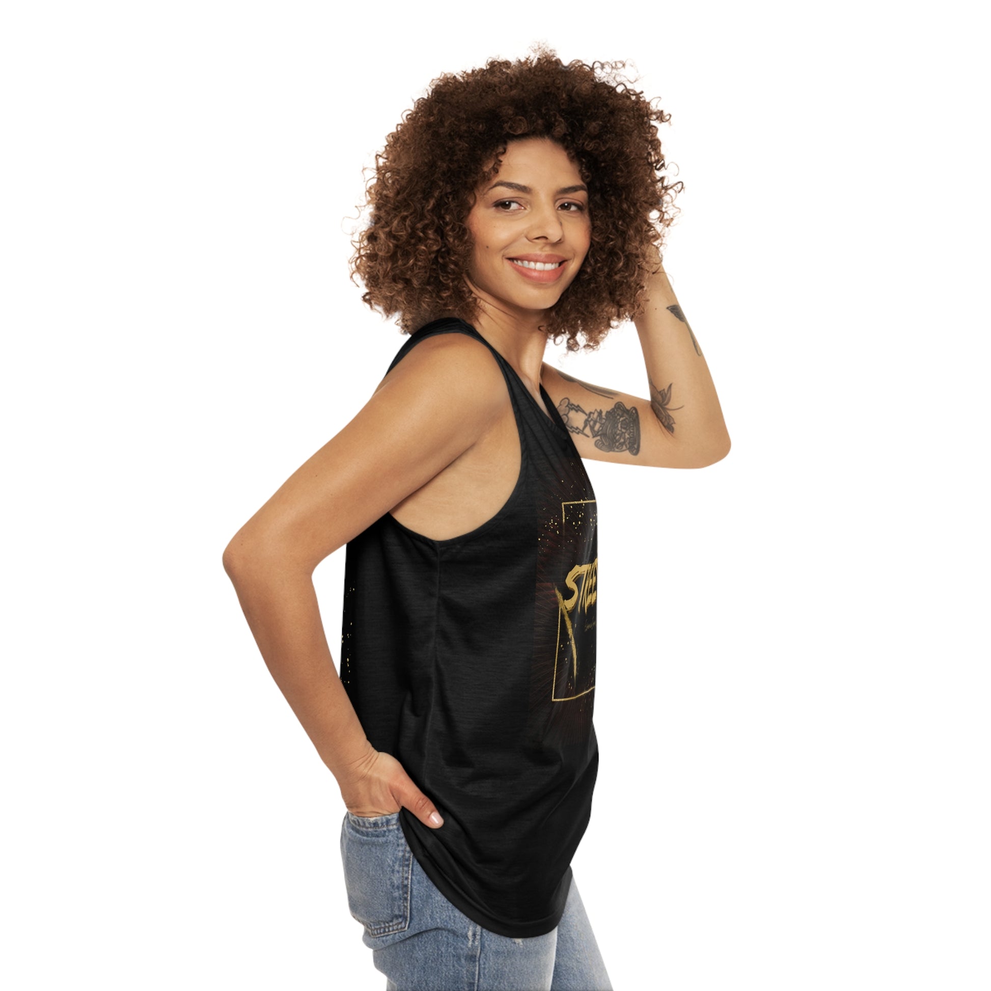 Woman wearing a black EssenceInnoCreate sleeveless top with a logo on a white background