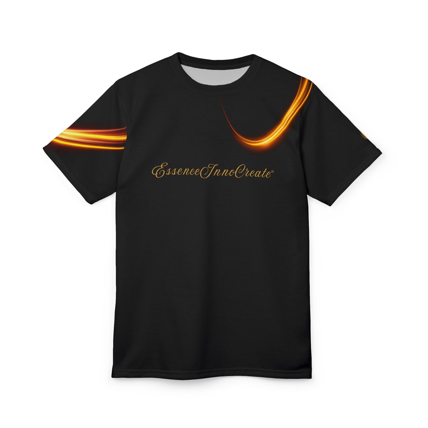 Black t-shirt with orange and yellow design 'EssenceInnoCreate' on a white background