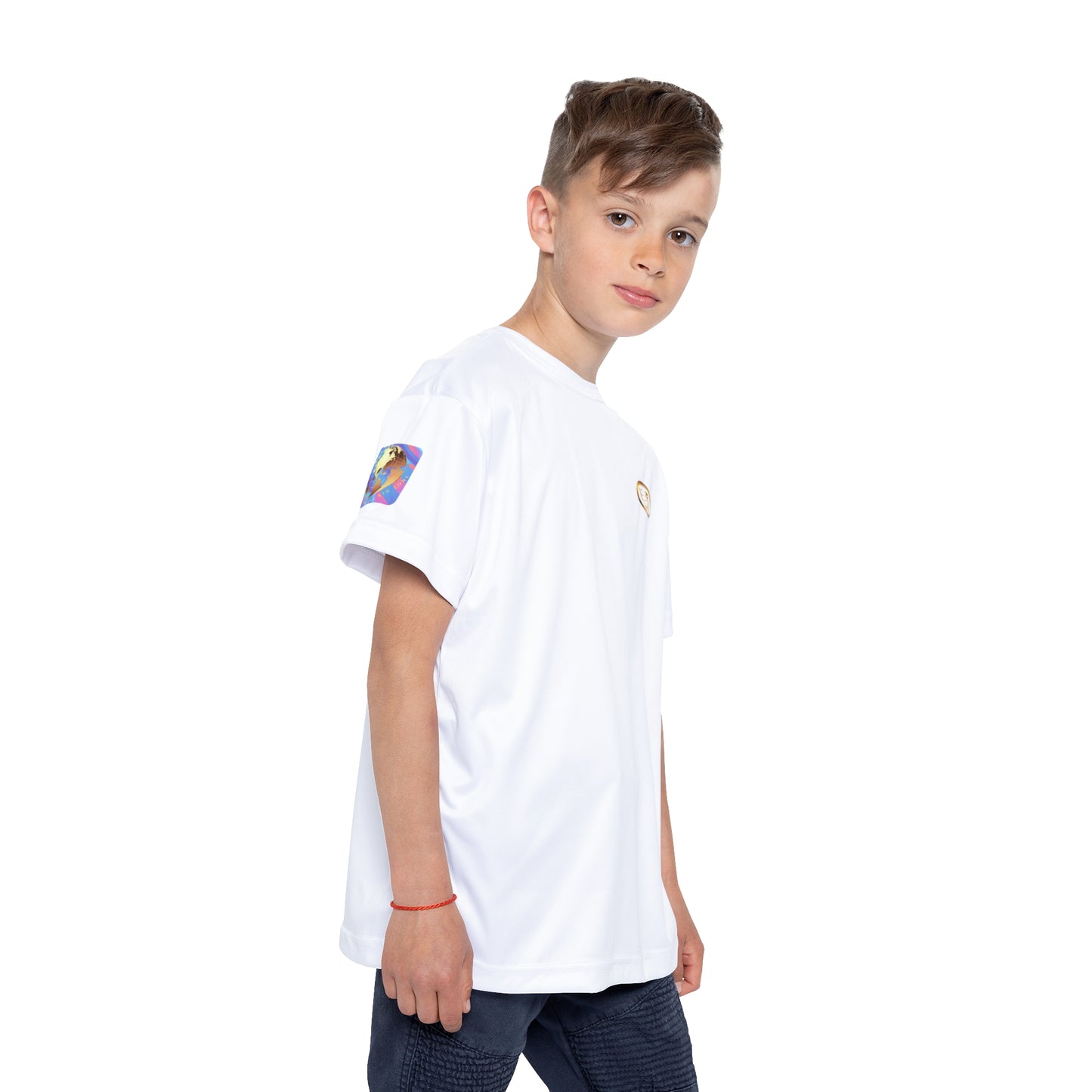 Child wearing a white t-shirt with colorful designs on a white background