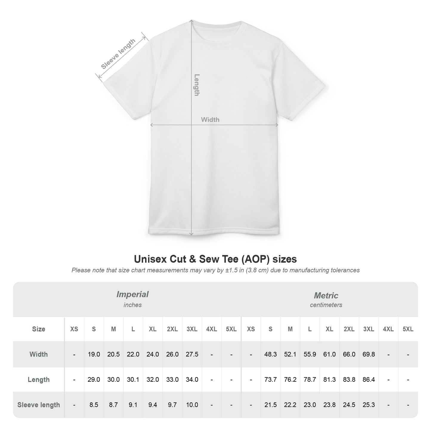 White 'EssenceInnoCreate' t-shirt with measurements and size chart on a white background