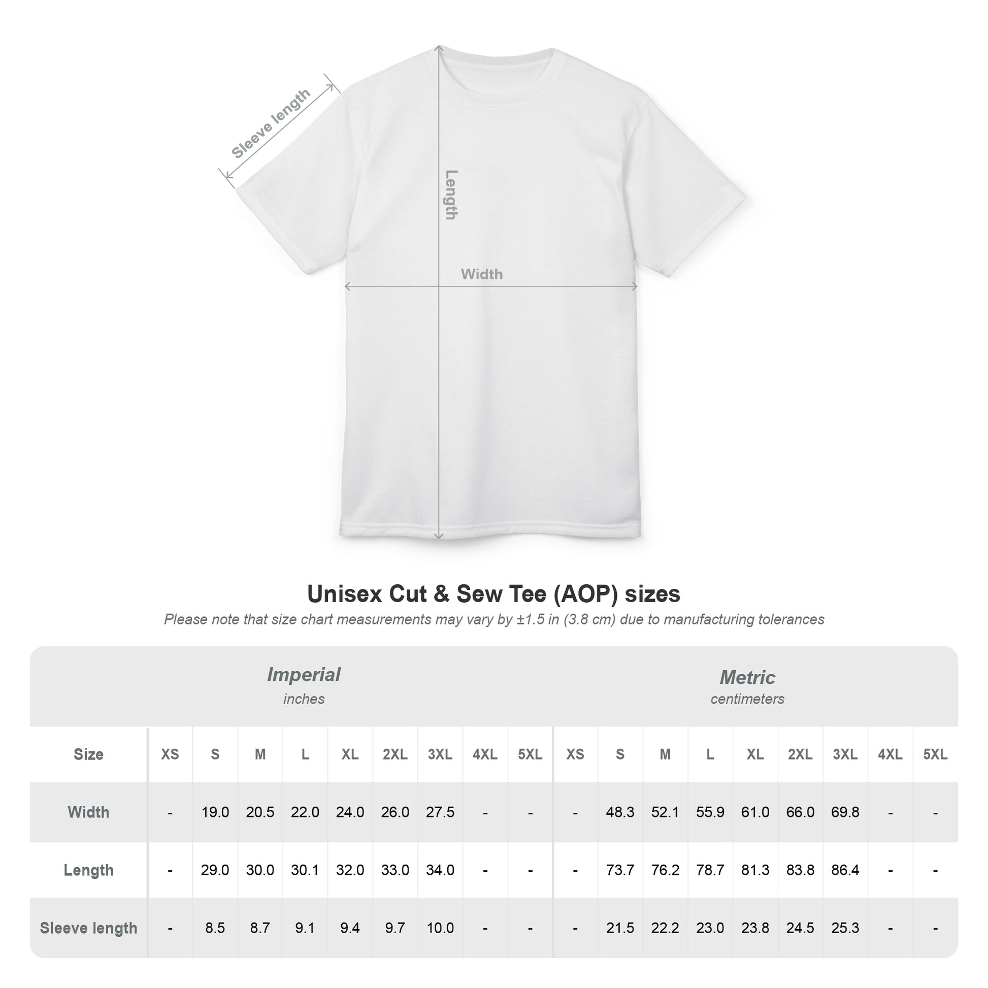 White 'EssenceInnoCreate' t-shirt with measurements and size chart on a white background