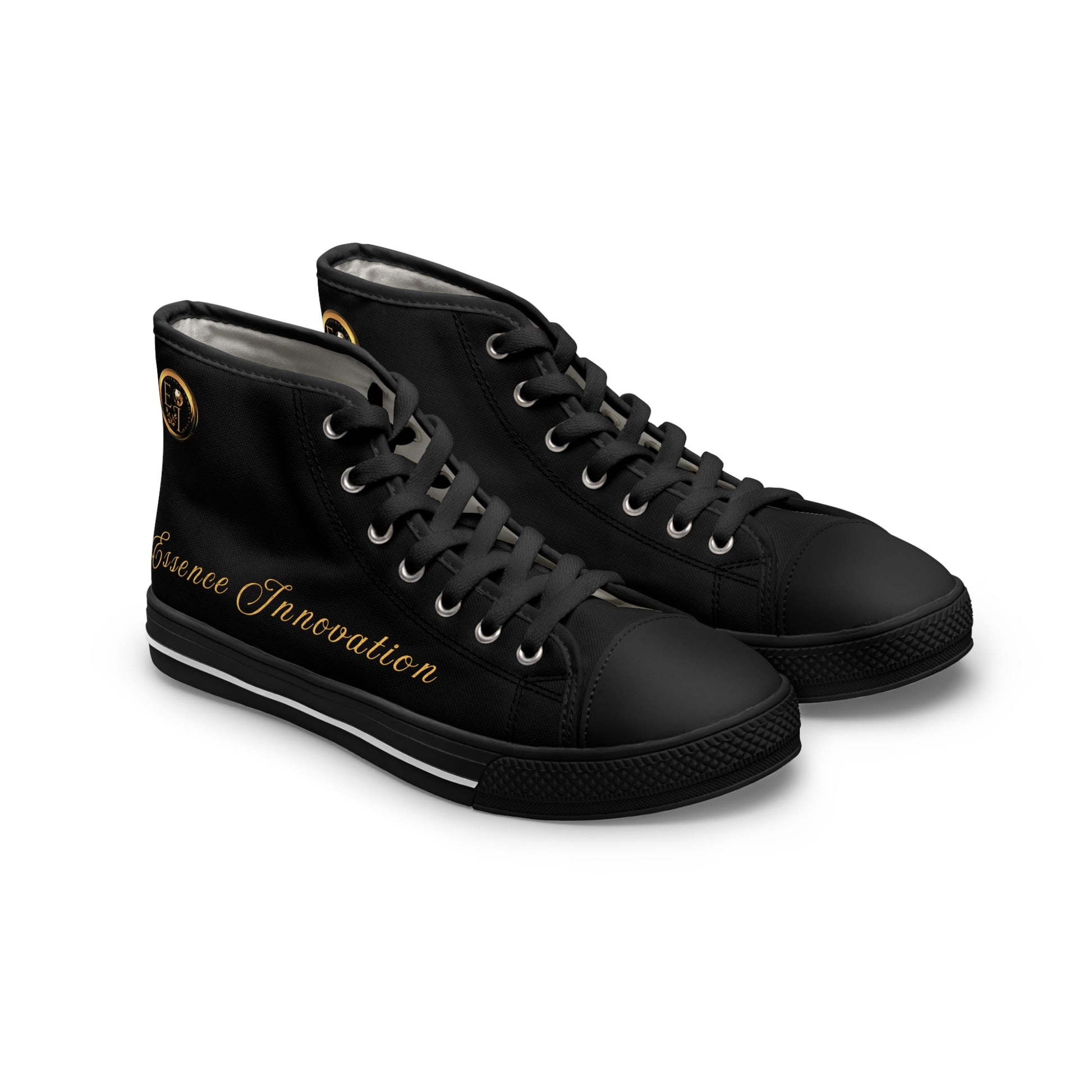 Black high-top sneakers with 'Essence Innovation' text on a white background