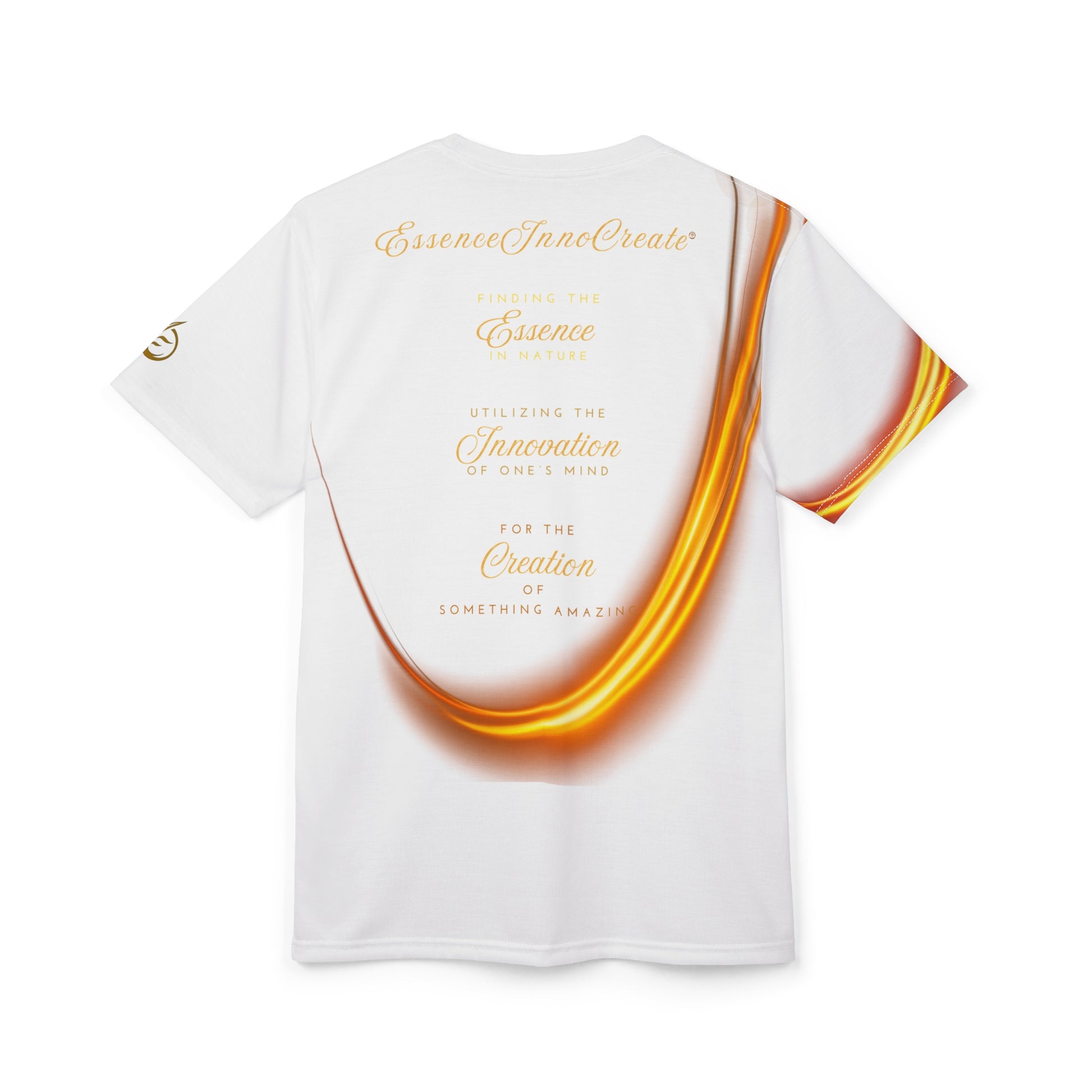 White t-shirt with gold text and design on a white background