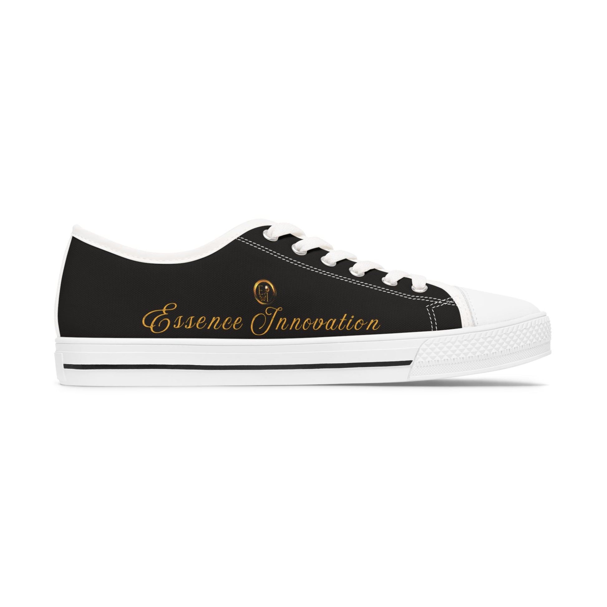 Black sneaker with 'Essence Innovation' logo on a white background