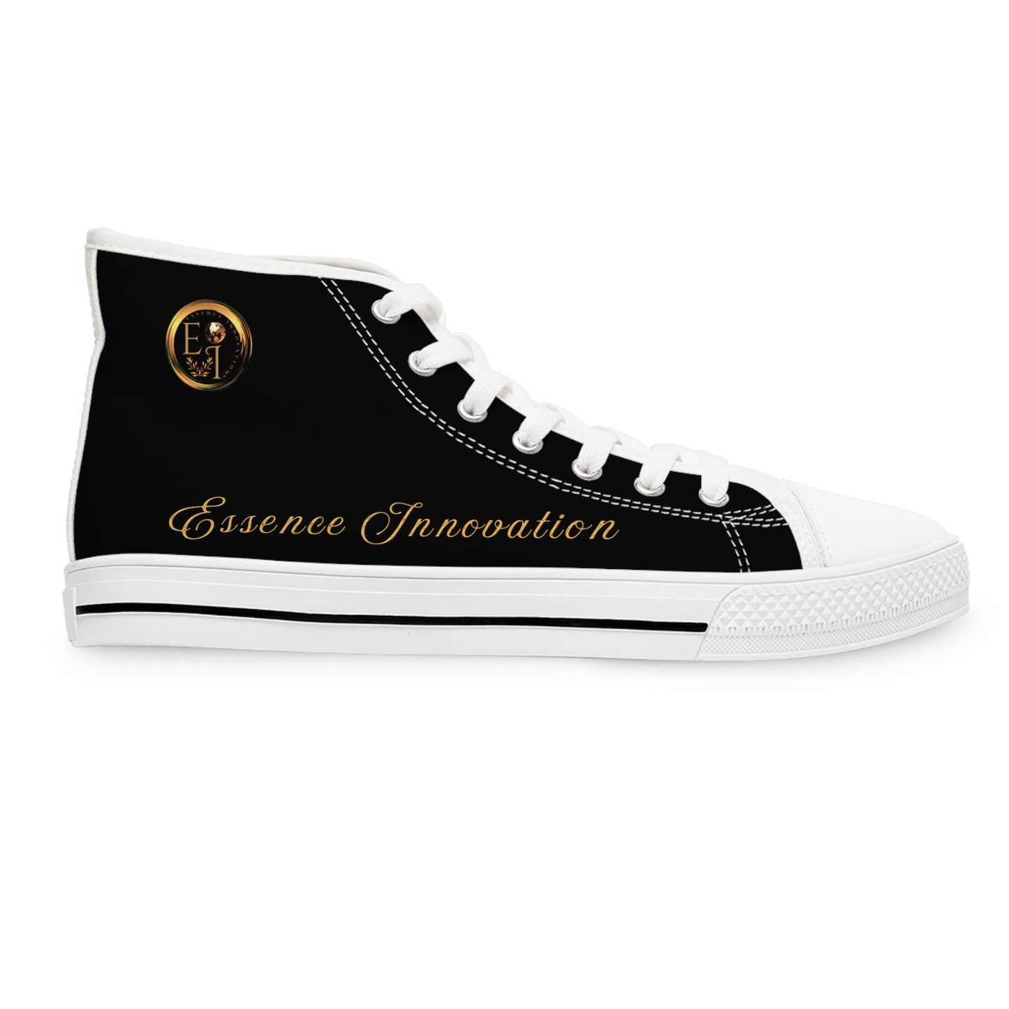 Black and white 'Essence Innovation' sneaker with geometric pattern on a white background