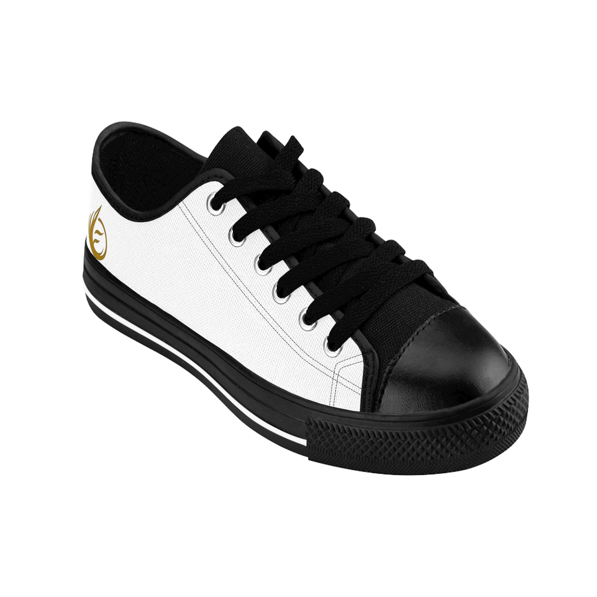 Black and white EssenceInnoCreate sneaker with a brand logo on a white background