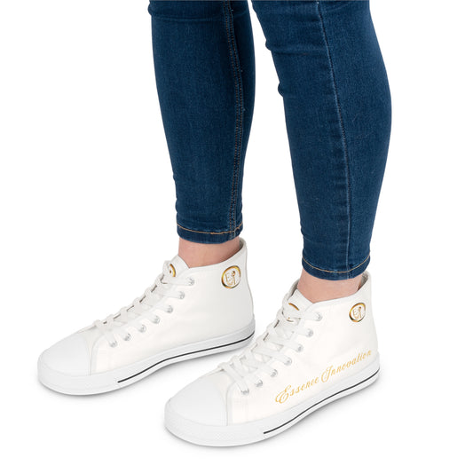 White high-top 'Essence Innovation' sneakers with gold accents worn with blue jeans on a white background