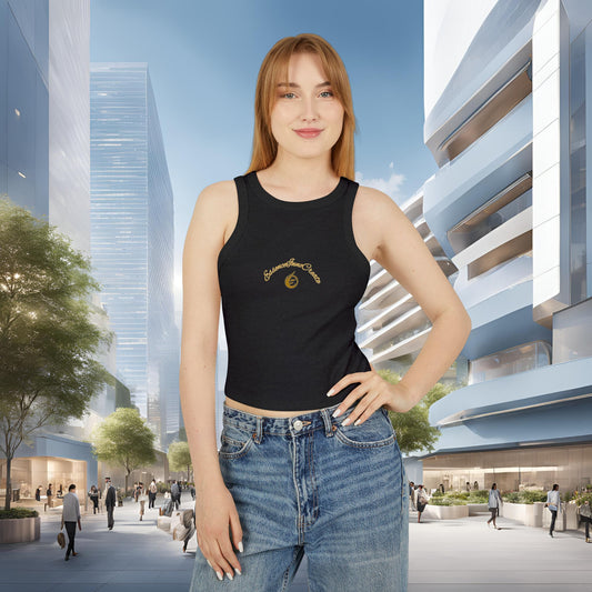 Woman wearing a black tank top with an EssenceInnoCreate logo in an urban setting