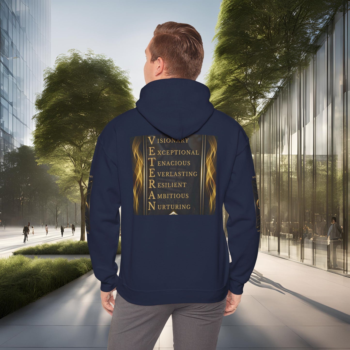 Person wearing a black Essence Innovation hoodie with text on the back in an urban setting