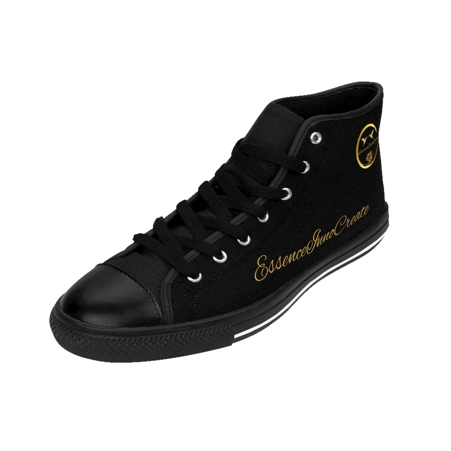 Black high-top sneaker with 'EssenceInnoCreate' branding on a white background