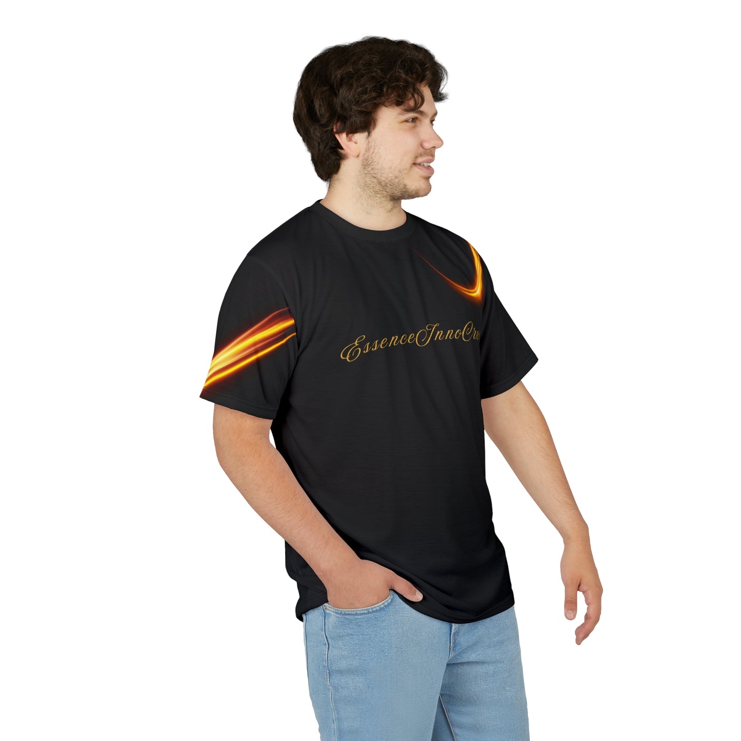Man wearing a black 'EssenceInnoCreate' t-shirt with flame designs and text on a white background