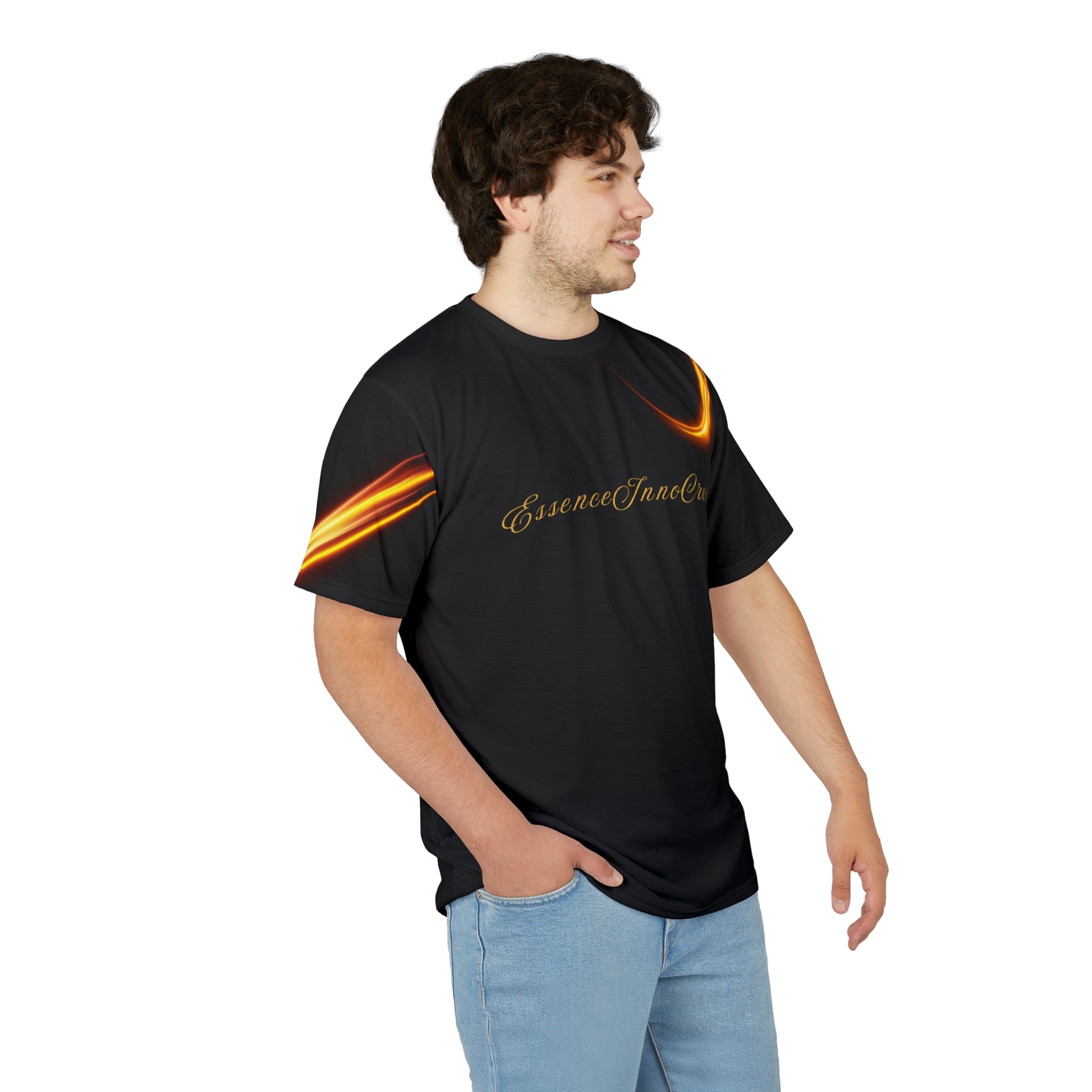 Man wearing a black 'EssenceInnoCreate' t-shirt with flame designs and text on a white background
