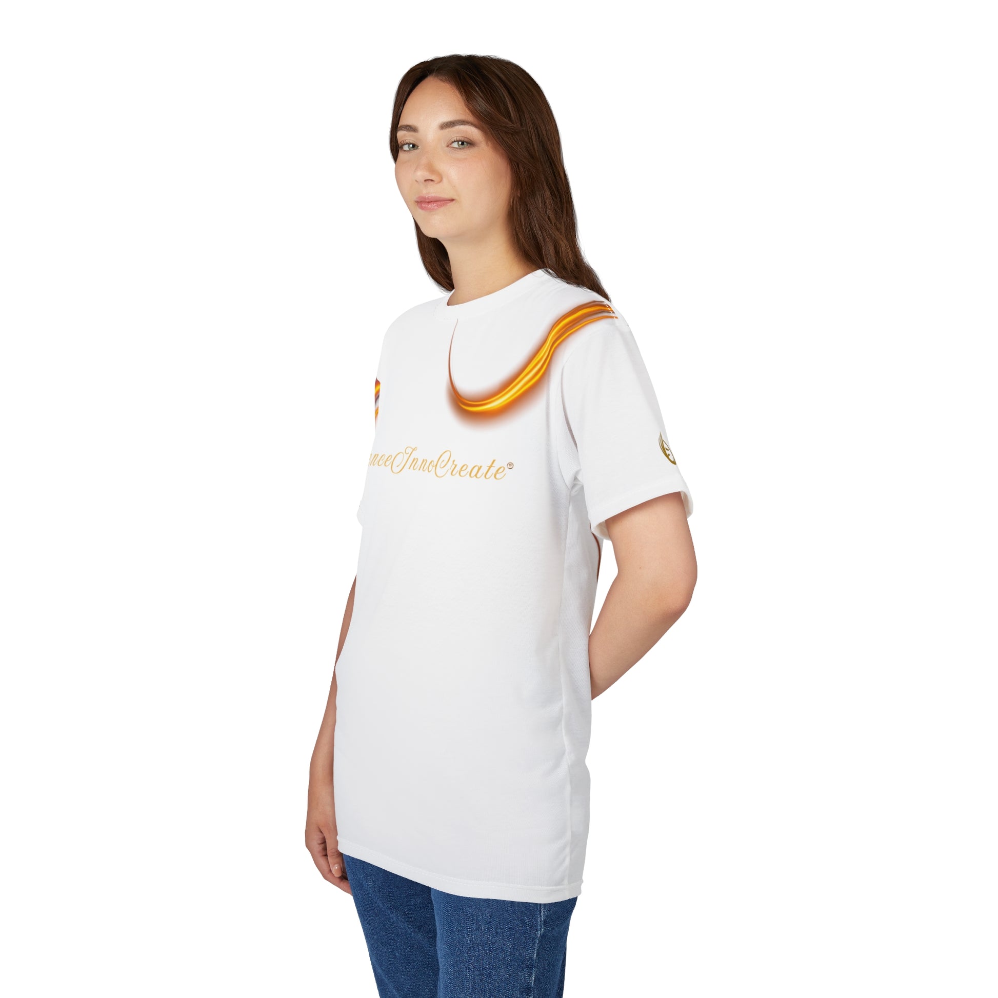 Person wearing a white t-shirt with gold text on a white background