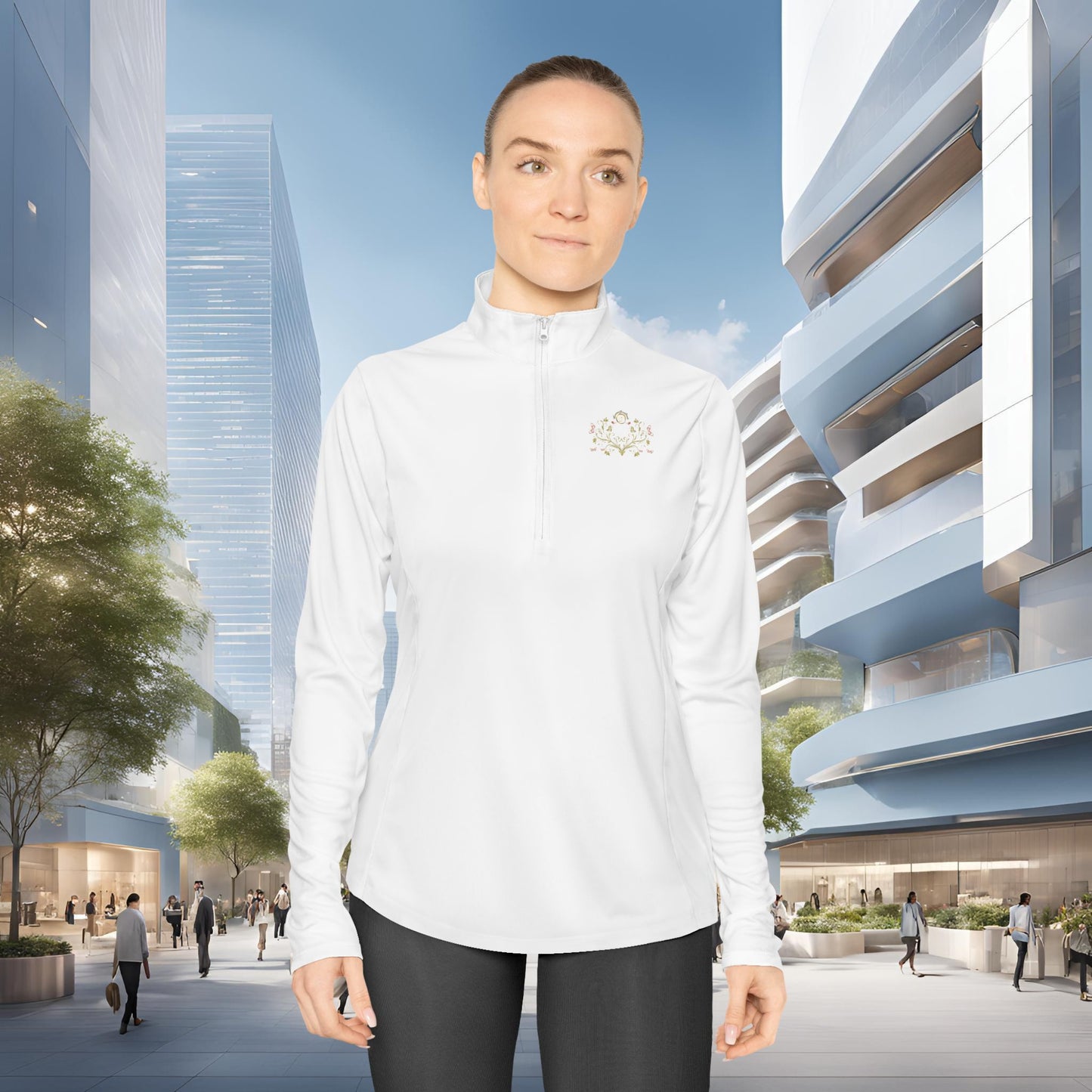 Person wearing a white jacket with an Essence Innovation Bohemian Butterfly logo in an urban setting