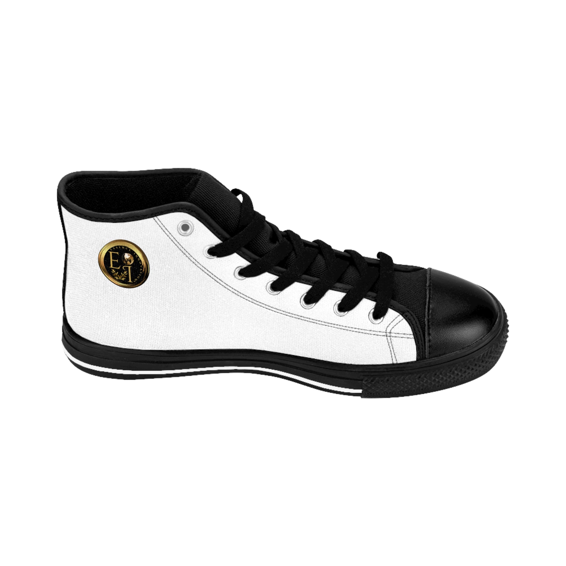 Black and white high-top 'Essence Innovation' sneaker with a logo on a white background