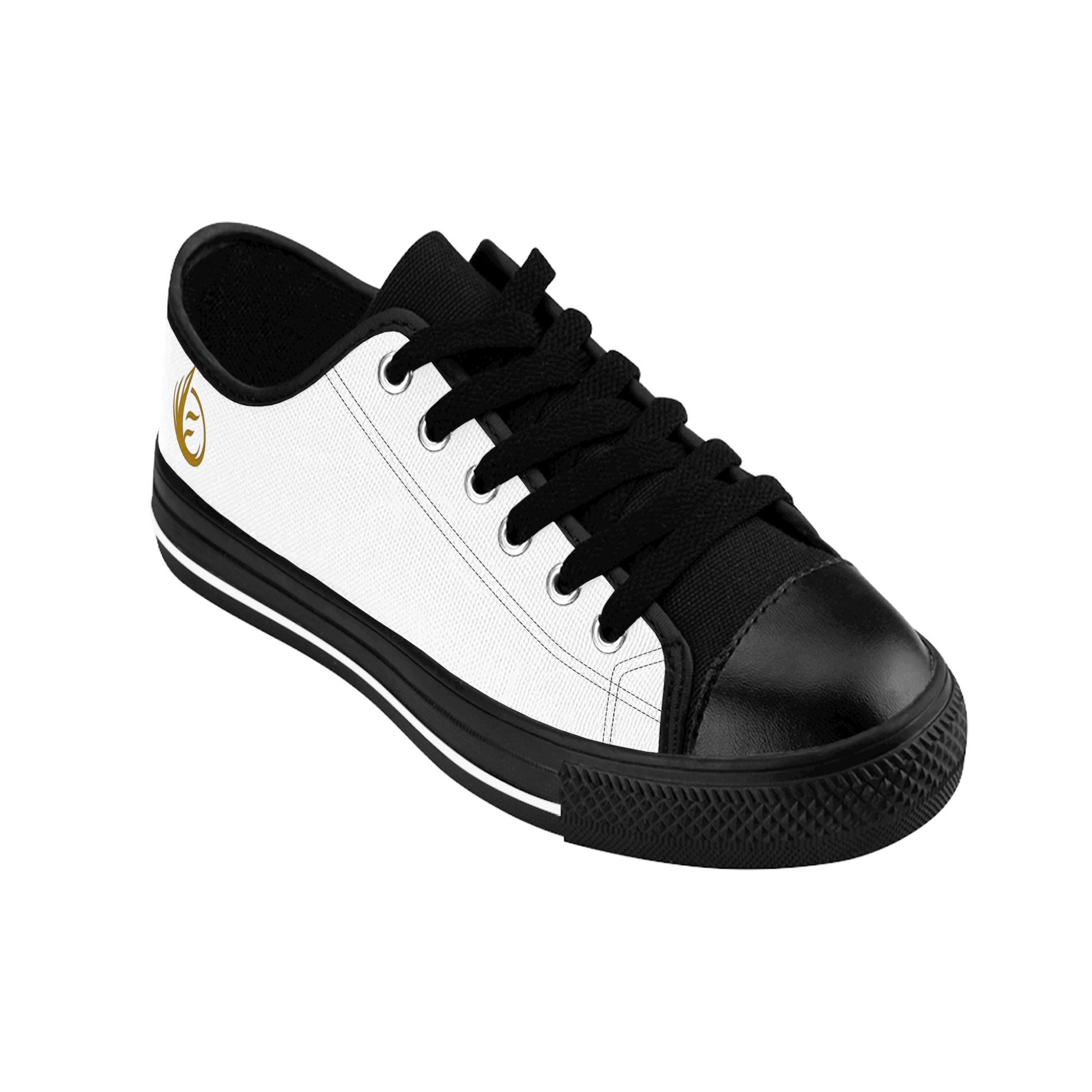 Black and white EssenceInnoCreate sneaker with a brand logo on a white background