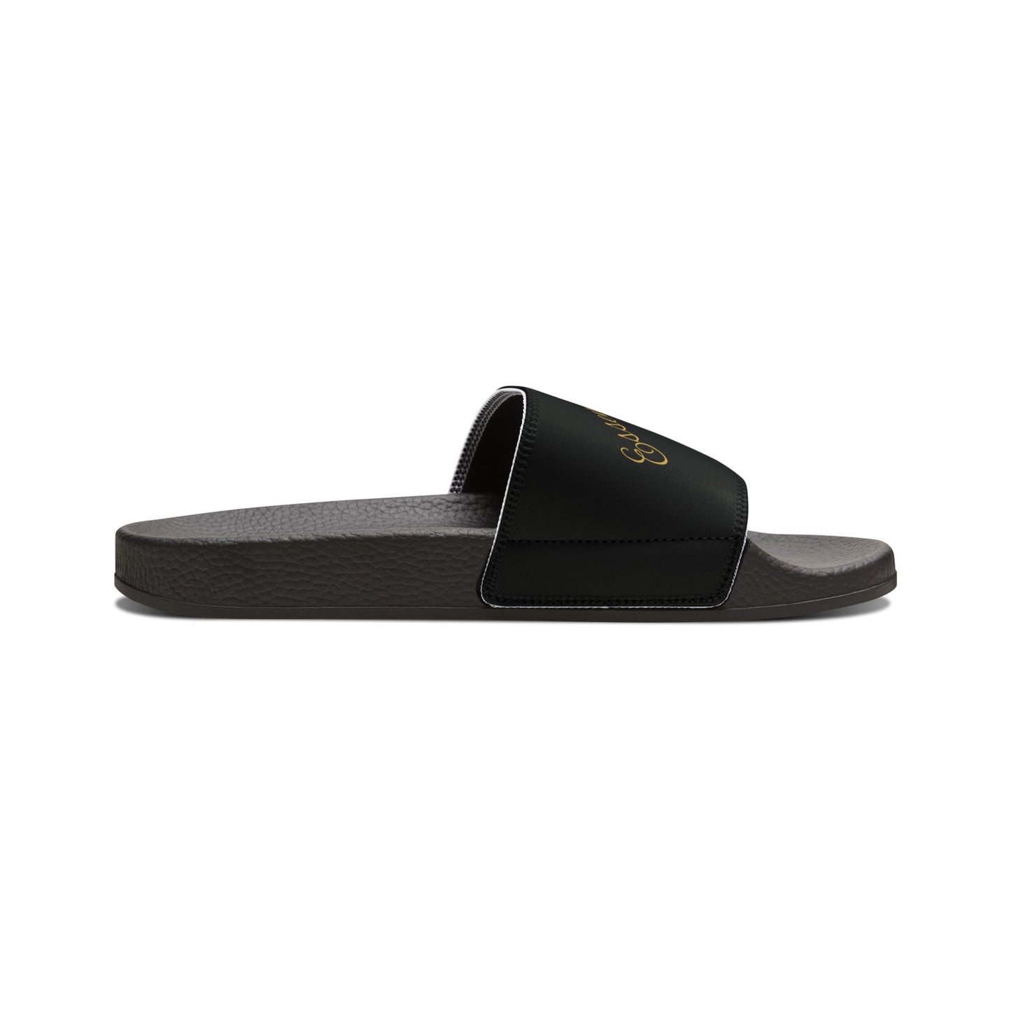Black EssenceInnoCreate slide sandal with floral pattern on a white background