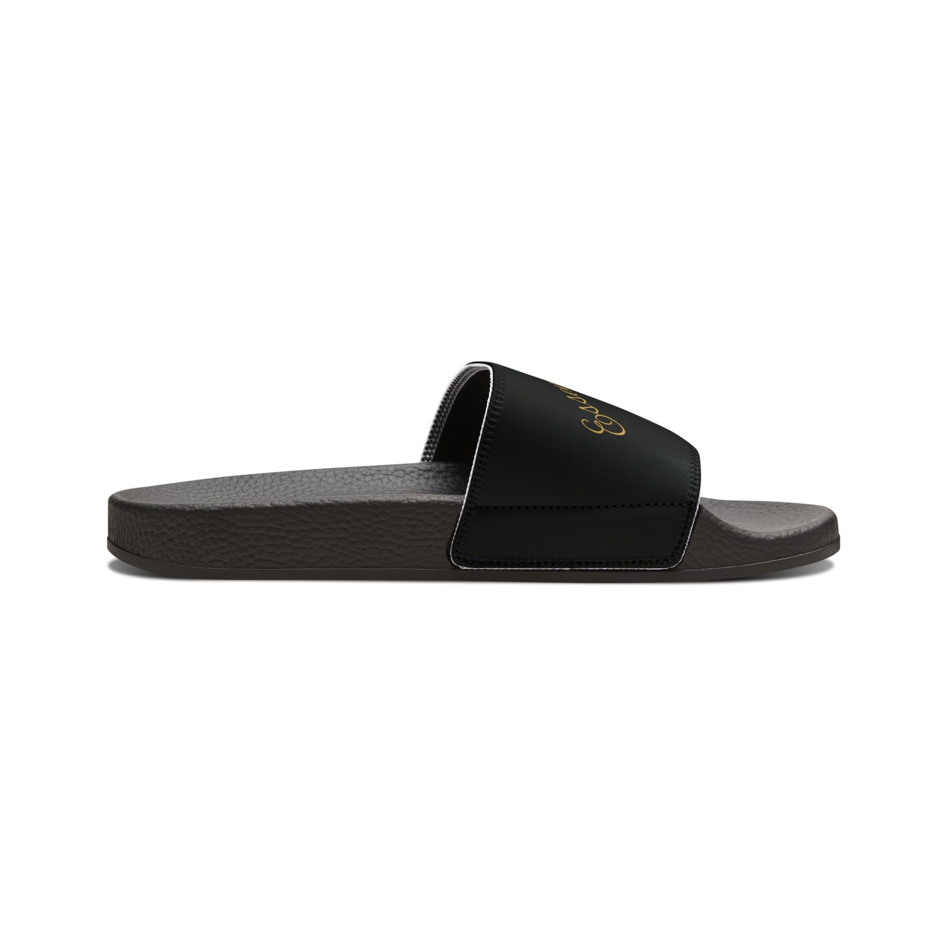 Black EssenceInnoCreate slide sandal with floral pattern on a white background